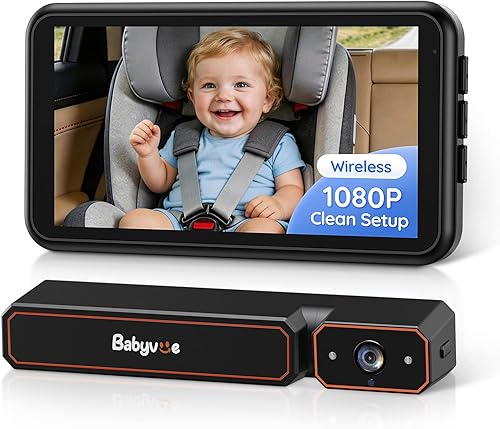 Babyvue Wireless Baby Car Camera, Easy 2-Step Setup, 5.2" Display, 1080P HD IR Night Vision, Clip-On or Strap Mount, 3X Zoom, Back Seat Camera for Baby