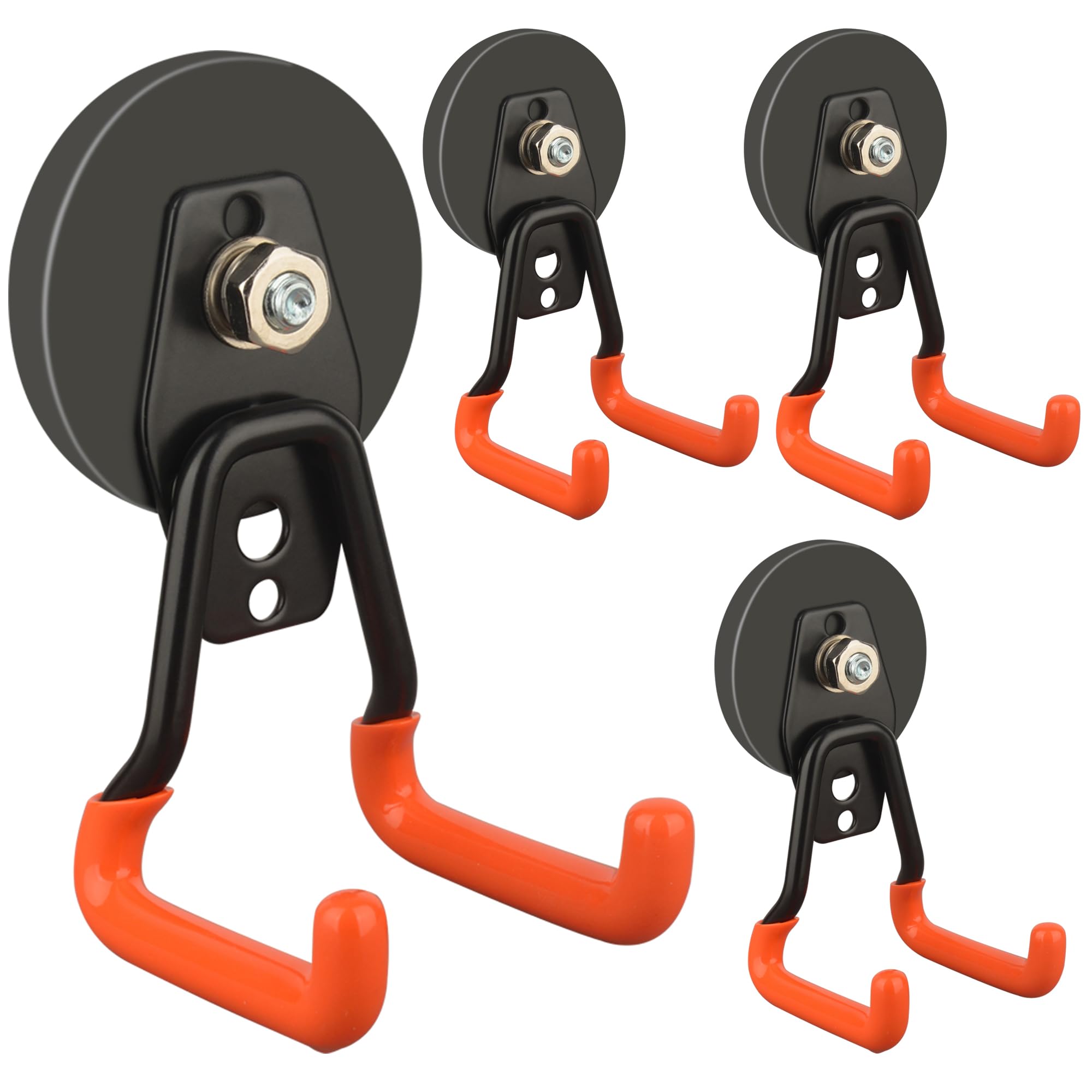 ULIBERMAGNET New Upgraded Heavy Duty Magnetic Garage Hooks,4 Pack Strong Large Magnet Hooks for Power Drill,Garden Tools,Hose,Pegboard,Garage, Workshop,Magnetic Storage Hook for Hanging(Orange)