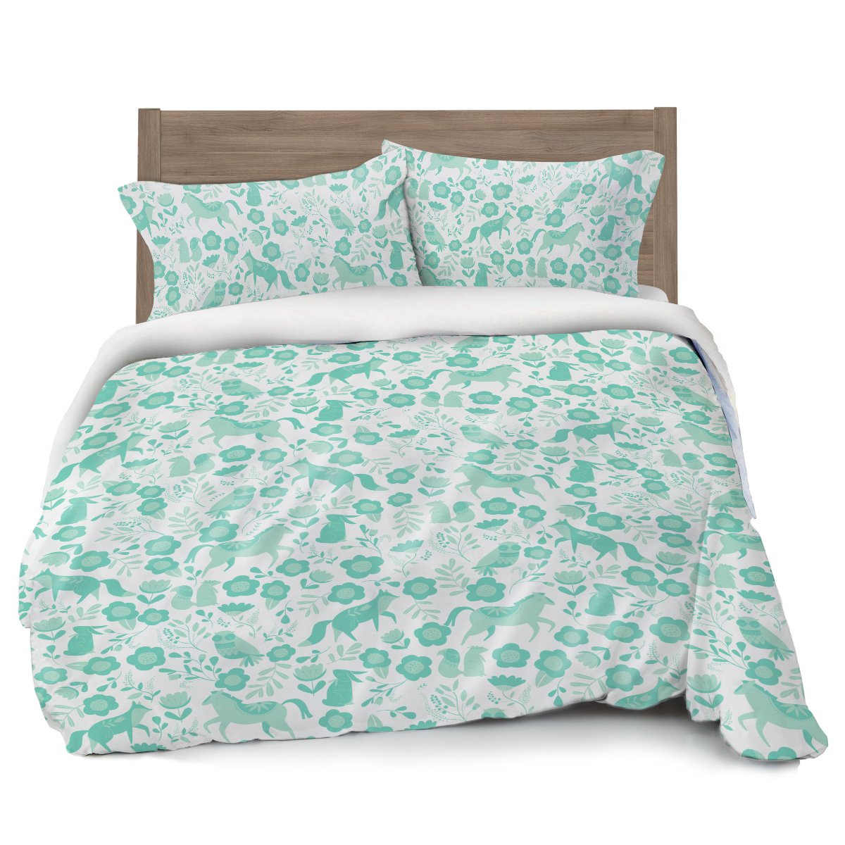Where The Polka Dots Roam Seafoam Green Folktale Forest Animals Duvet Cover Full/Queen Bedding, White with Teal Woodland Creatures