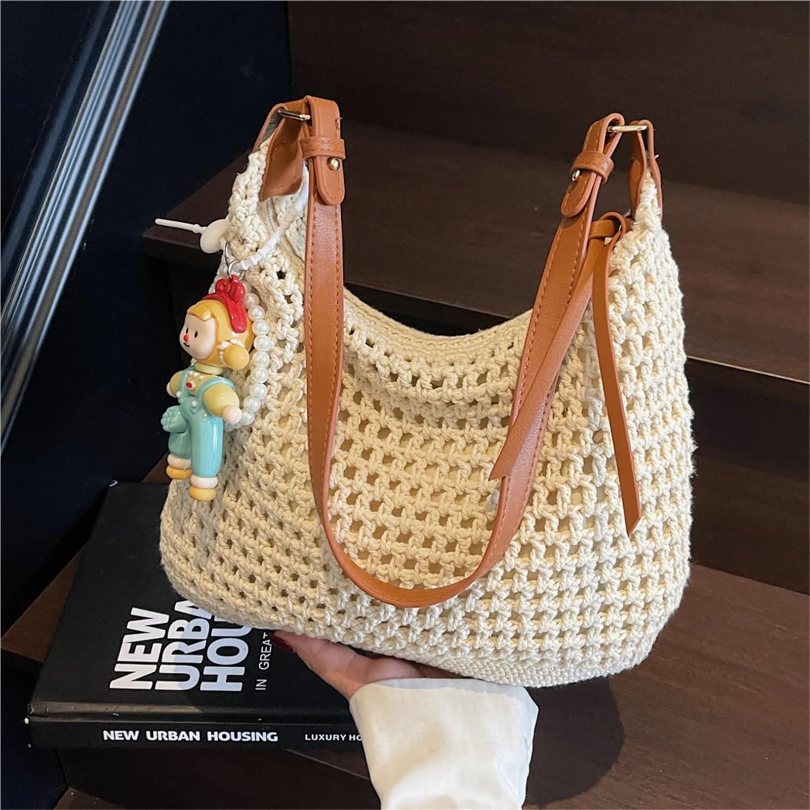 Bolso de Mano Tejido Calado Bolso de viaje paja tejido a mano gran capacidad for mujer, bolso hombro playa, verano, for, viajes, trabajo, ropa