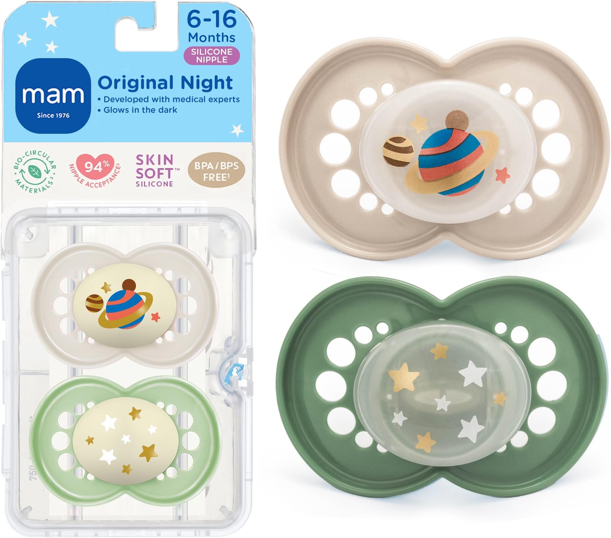 MAM Original Night Pacifiers, Binky Pacifier for 6-16 Months, BPA-Free Silicone, Glows in The Dark, Best for Newborn Babies, Developed with Medical Experts, 2 Count Binkies, with Sterilizer Case