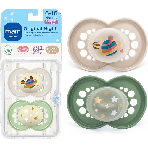 MAM Original Baby Pacifiers 6-16 Months, Binky for Newborn Babies, BPA-Free Skin Soft Silicone Nipple, Glows in The Dark, Developed with Medical Experts, 2 Pack, Sterilizer Case, Made in Europe