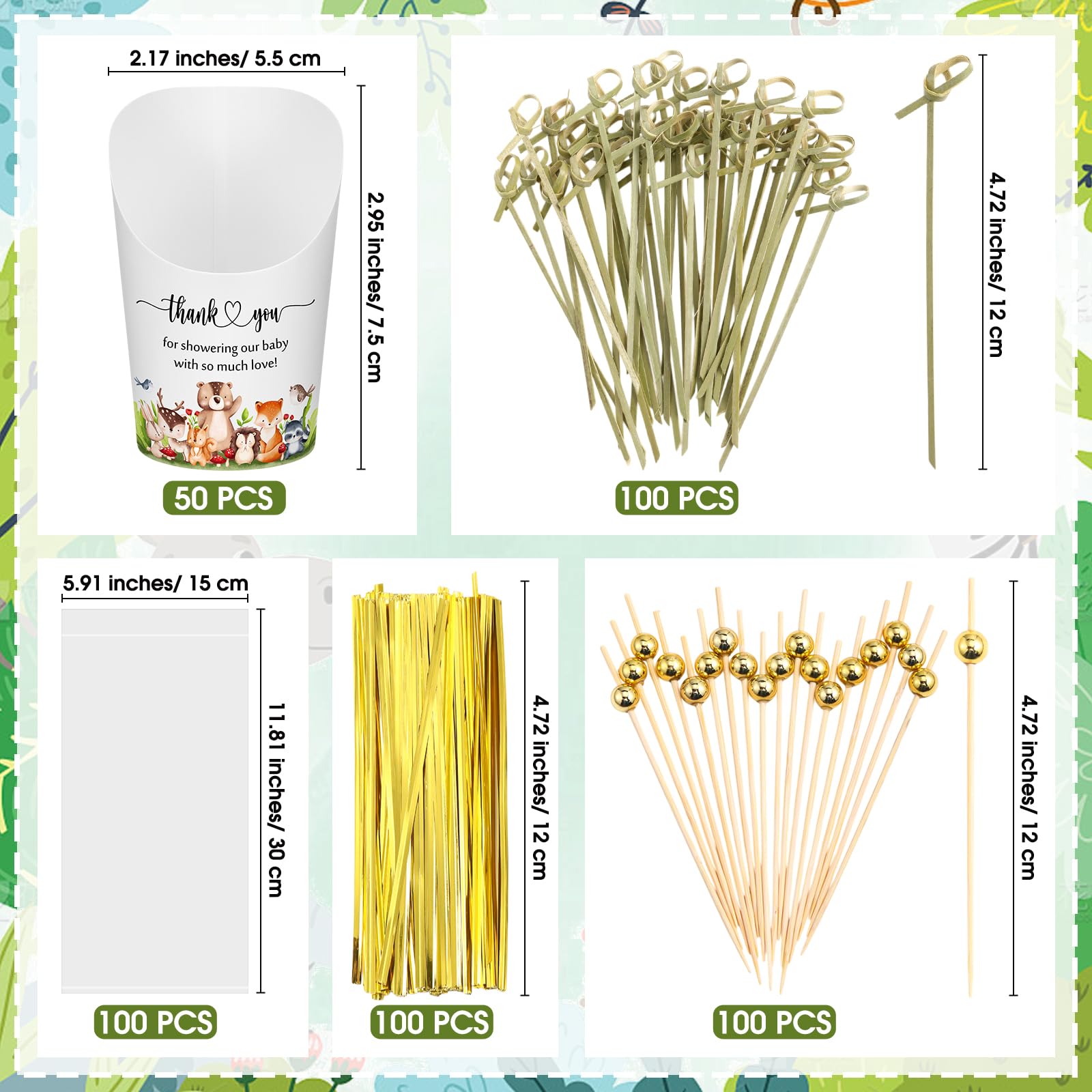MotiMind 50 Set Baby Shower Woodland Charcuterie Cups with Sticks and Bags 20 oz French Fry Cups Disposable French Fries Holder 200 Cocktail Picks 100 Ties 100 Bags for Baby Shower Favors Decoration