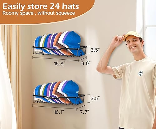 Miniatura 3 de KEETDY Percheros metálicos para gorras de béisbol, organizador de sombreros de pared, 2 paquetes de 2 organizadores resistentes de almacenamiento de