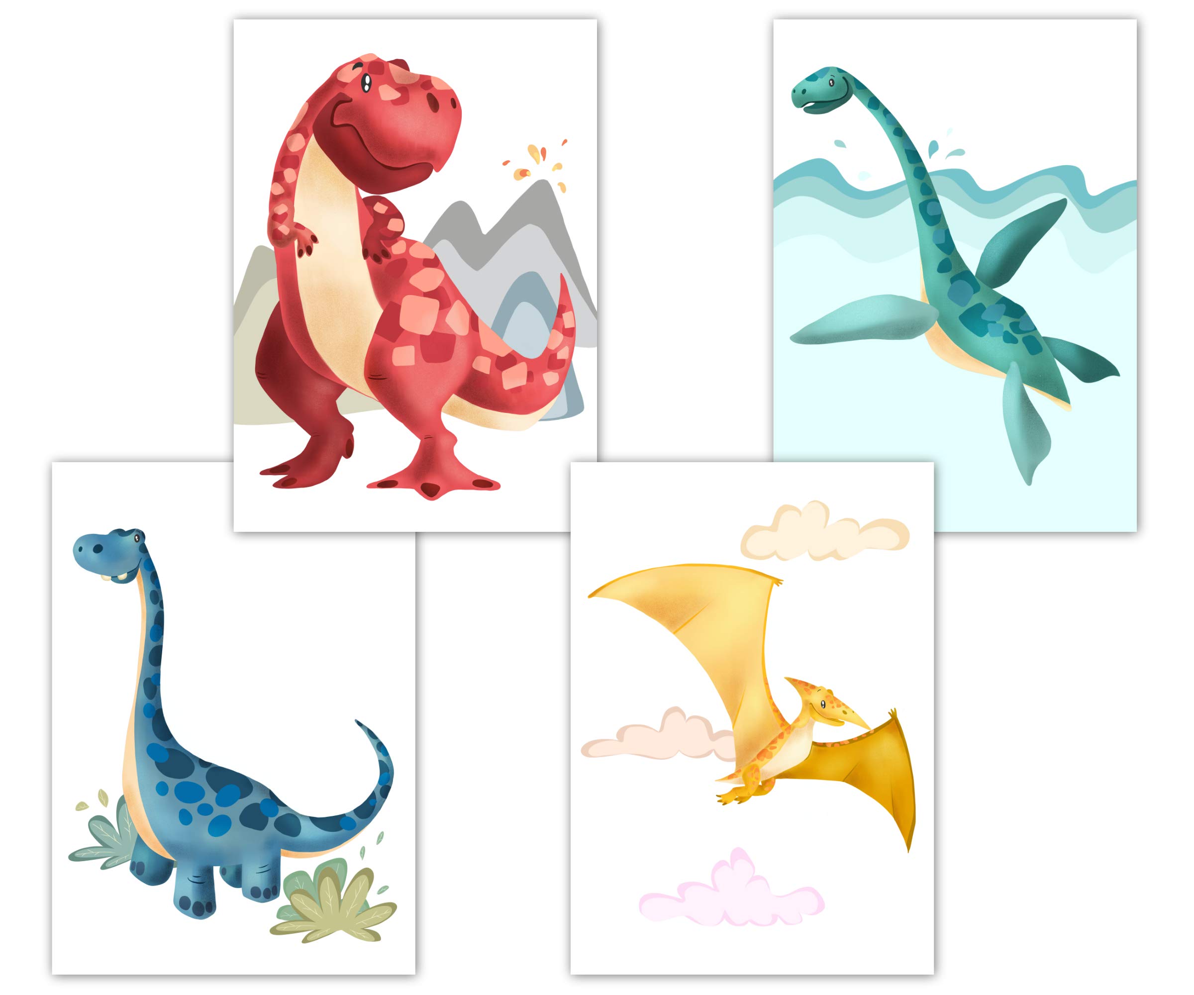 Dino - Póster para habitación de los niños, decoración para habitación de bebé, juego de pósteres, DIN A4 sin marco de fotos, imágenes de animales, dinosaurios para niños y niñas (juego de 4 unidades)