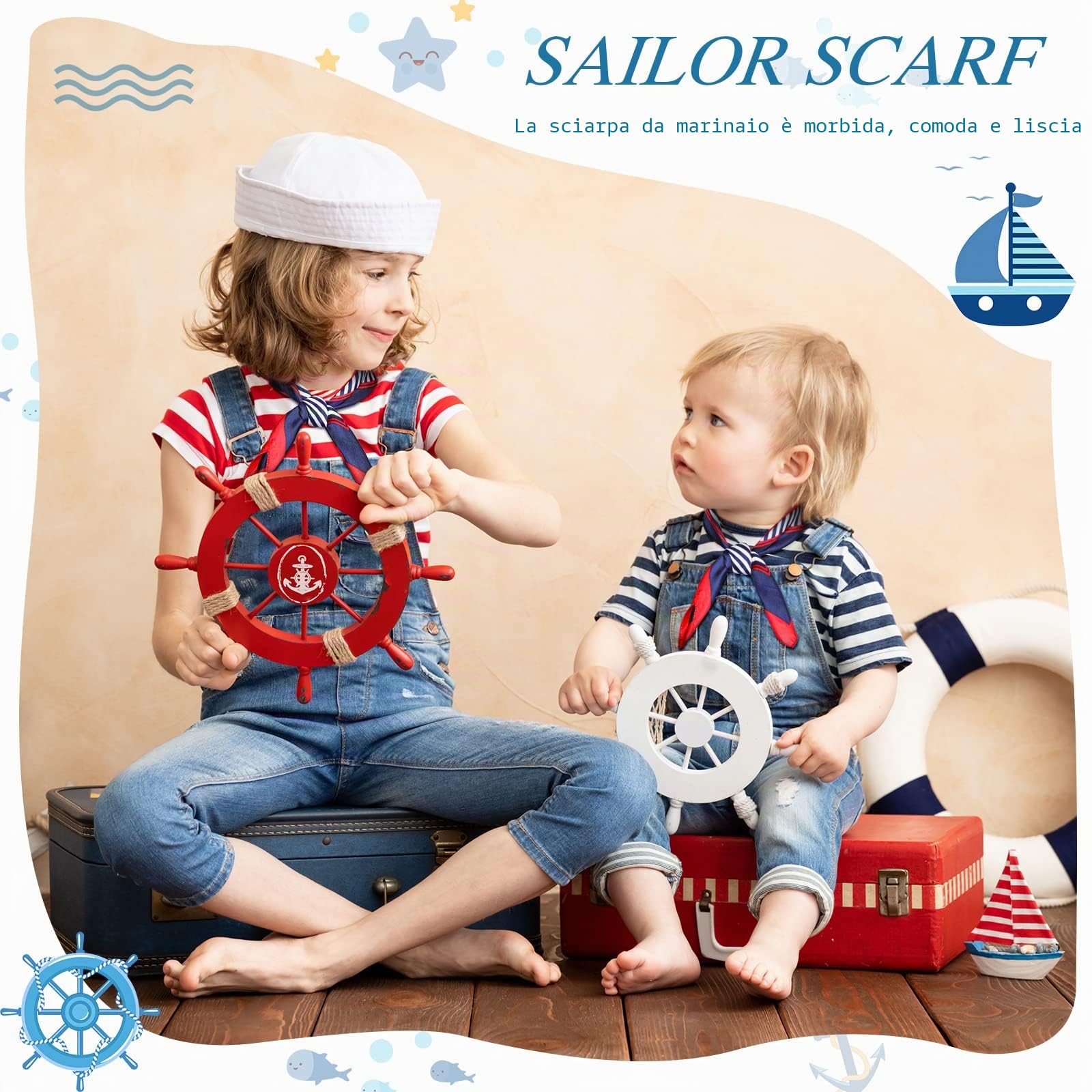 HICARER 12 Sciarpe Marinaio in Seta Imitata per Donna Fazzoletto Collo Nautica Blu Bianca Rossa Foulard Quadrata (Classico)