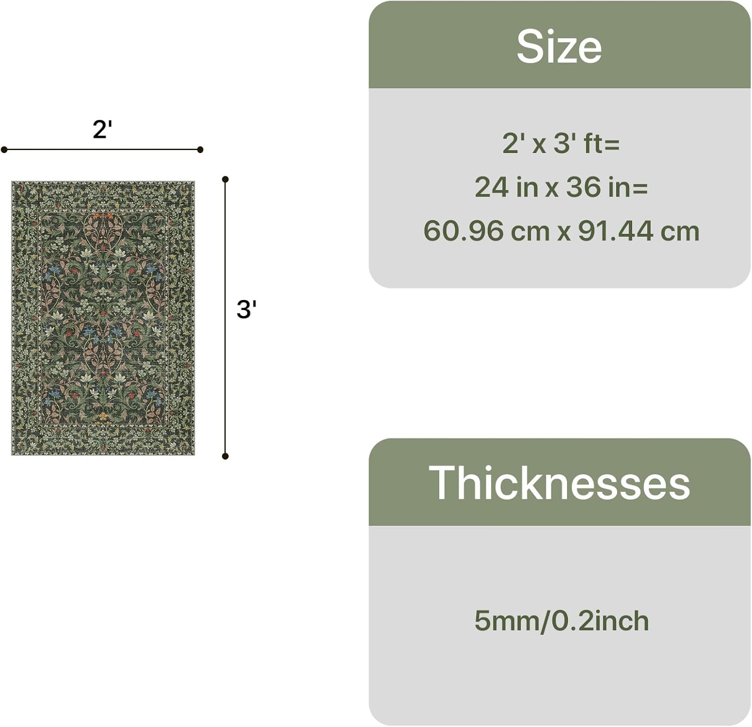Bavni 2x3 Small Area Rug Machine Washable Non Slip, Vintage Floral Throw Rug, Low Pile Thin Lightweight Carpet for Entryway, Hallways, Kitchen and Bathroom, Emerald Green