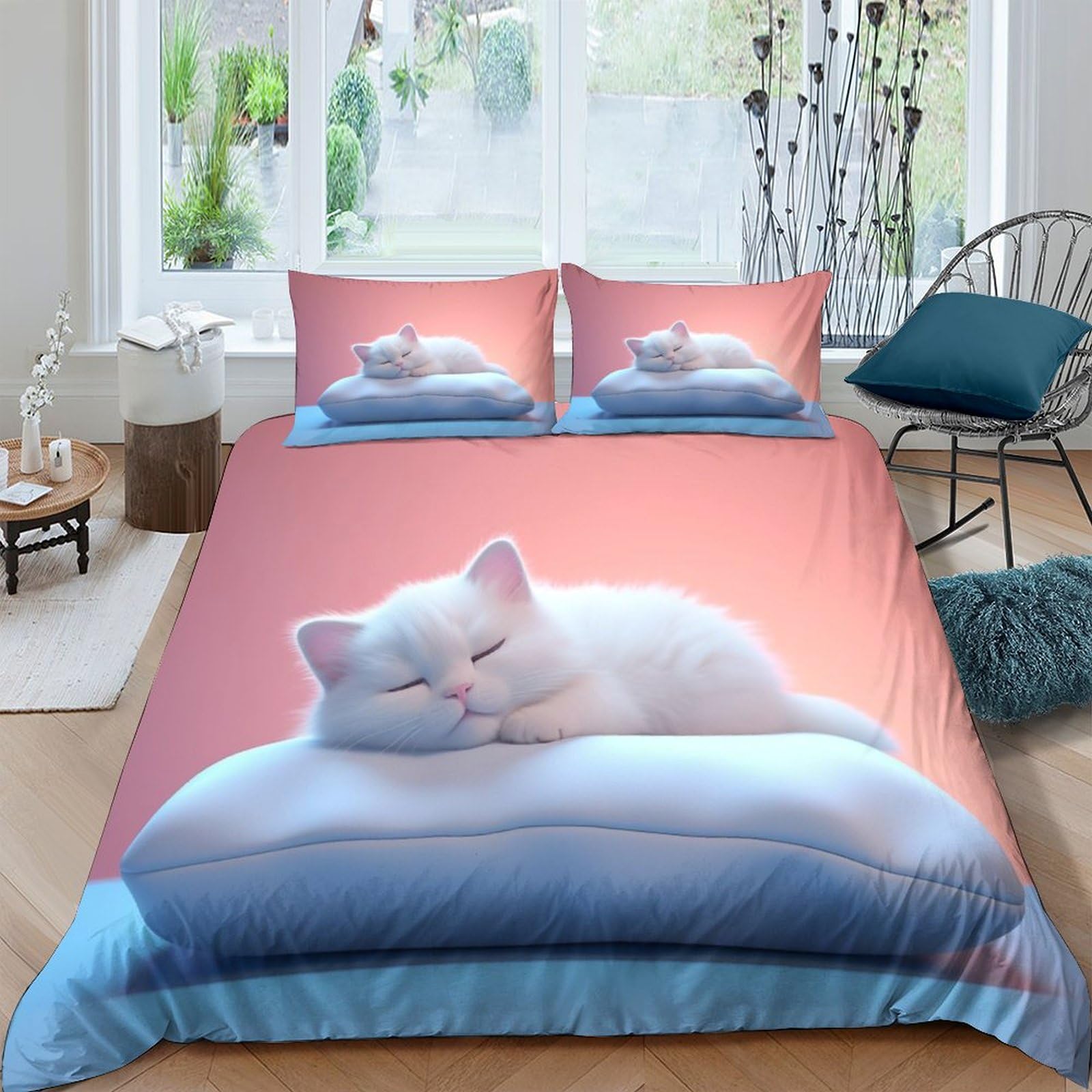 BARDYS Sleeping Cat Comforter Covers Duvet Cover Quilt Cover 3D Printed Cute Animals for Boys Girls with Pillow Cases Soft Microfiber with Zipper Closure Bedding Set 3 Pieces King（220x240cm）