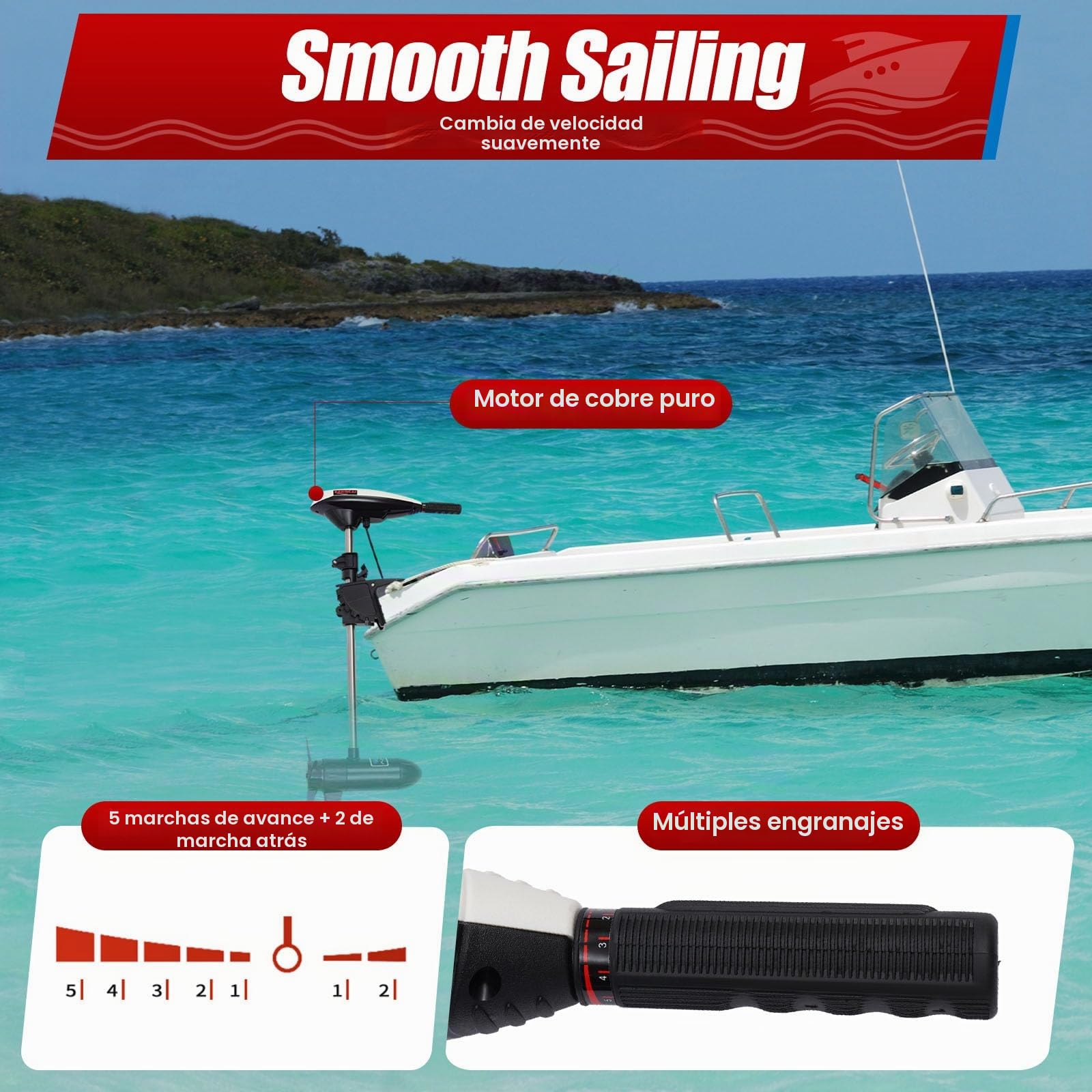 80LBS Motor fueraborda eléctrico de 12 V, motor de barco eléctrico con 5 marchas adelante y 2 marcha atrás, altura ajustable, motor de cobre puro para kayaks, canoas, botes inflables