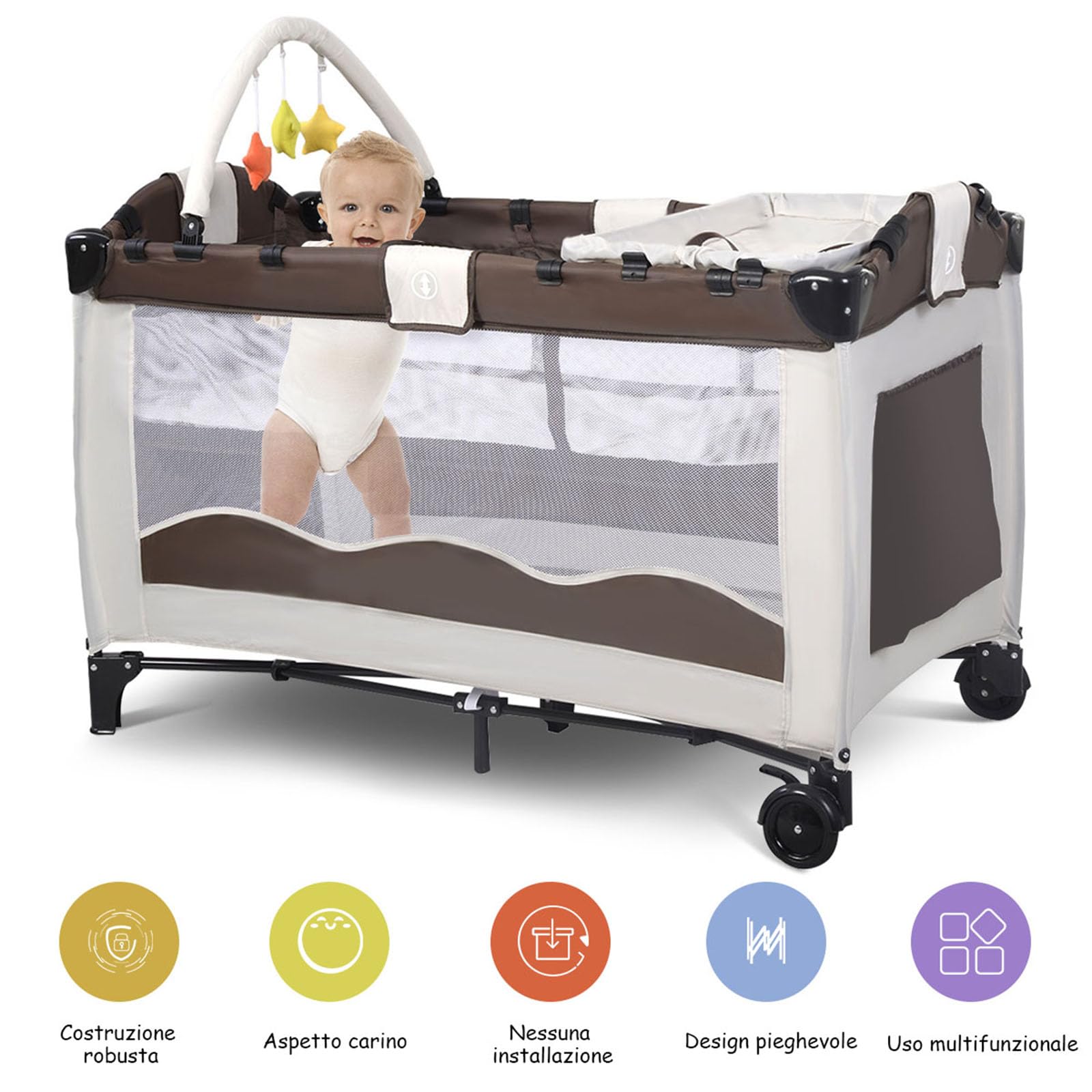 COSTWAY Lettino da Viaggio, Lettino da Campeggio per Bambini Culla Neonato, Incluso Materasso + Accessori, 125 x 66 x 77 cm (Marrone)