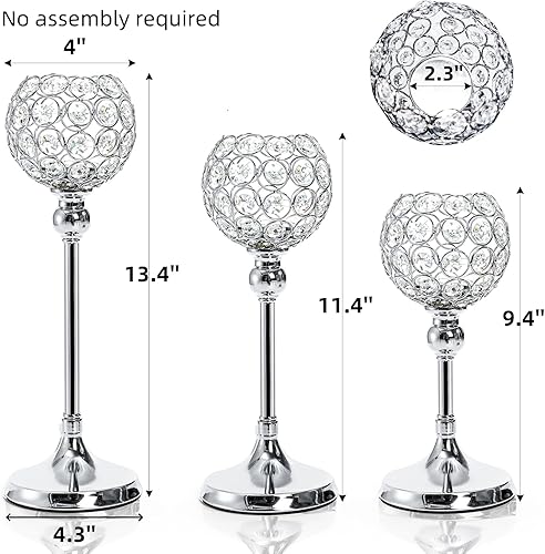 Miniatura 2 de Juego de 3 candelabros de cristal plateados, candelabros de metal para centros de mesa, alto y elegante cuenco para copas de velas para boda