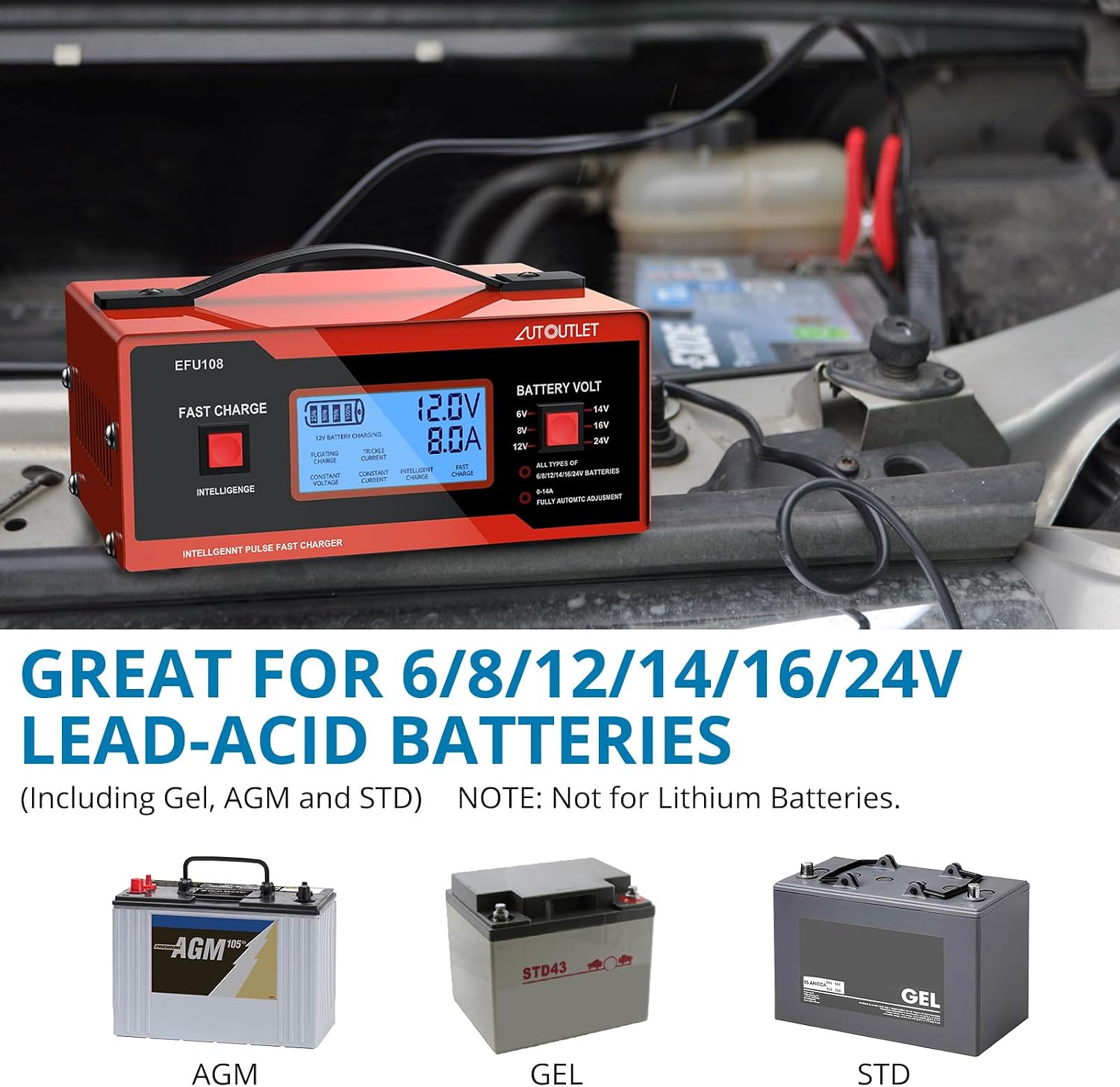 AUTOUTLET Upgraded 8 Volt Battery Charger for Golf Cart Automotive Battery Charger and Maintainer 0-14A with Cable Clamps for 6/8/12/14/16/24V Lead-Acid Batteries image 4