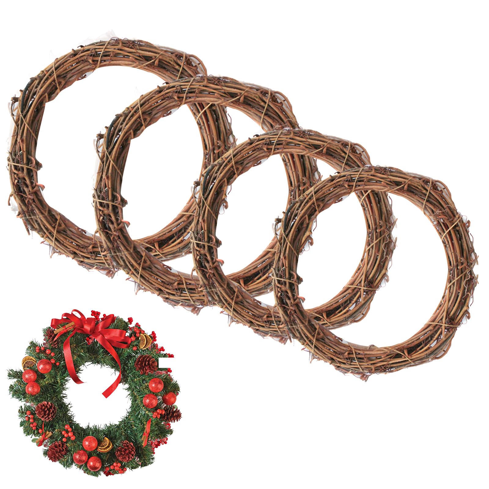 Xmshyodsm Brown Natural Grapevine Wreath, 4 Pcs Vine Branch Wreath 20Cm/25Cm Christmas Rattan Hand-Woven Rings Round Garland Rattan Branch Garland For Diy Wreaths Xmas Halloween Easter Wedding And Party