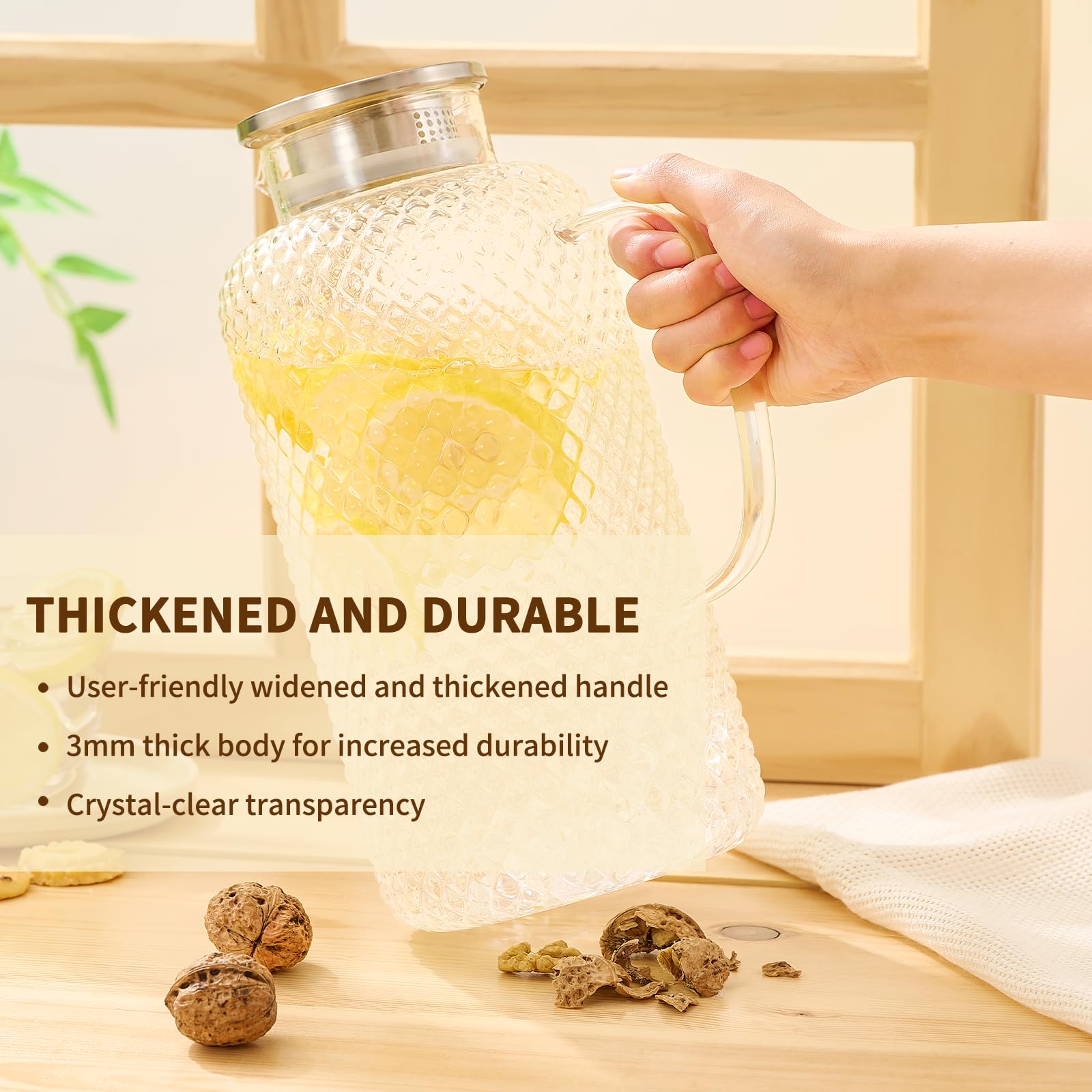 Hannadepot Jarra de vidrio, jarra de agua de vidrio de 3,5 L con tapa y boquilla, resistente al calor y al frío, jarra de agua de vidrio de borosilicato para café, jugo y bebidas caseras