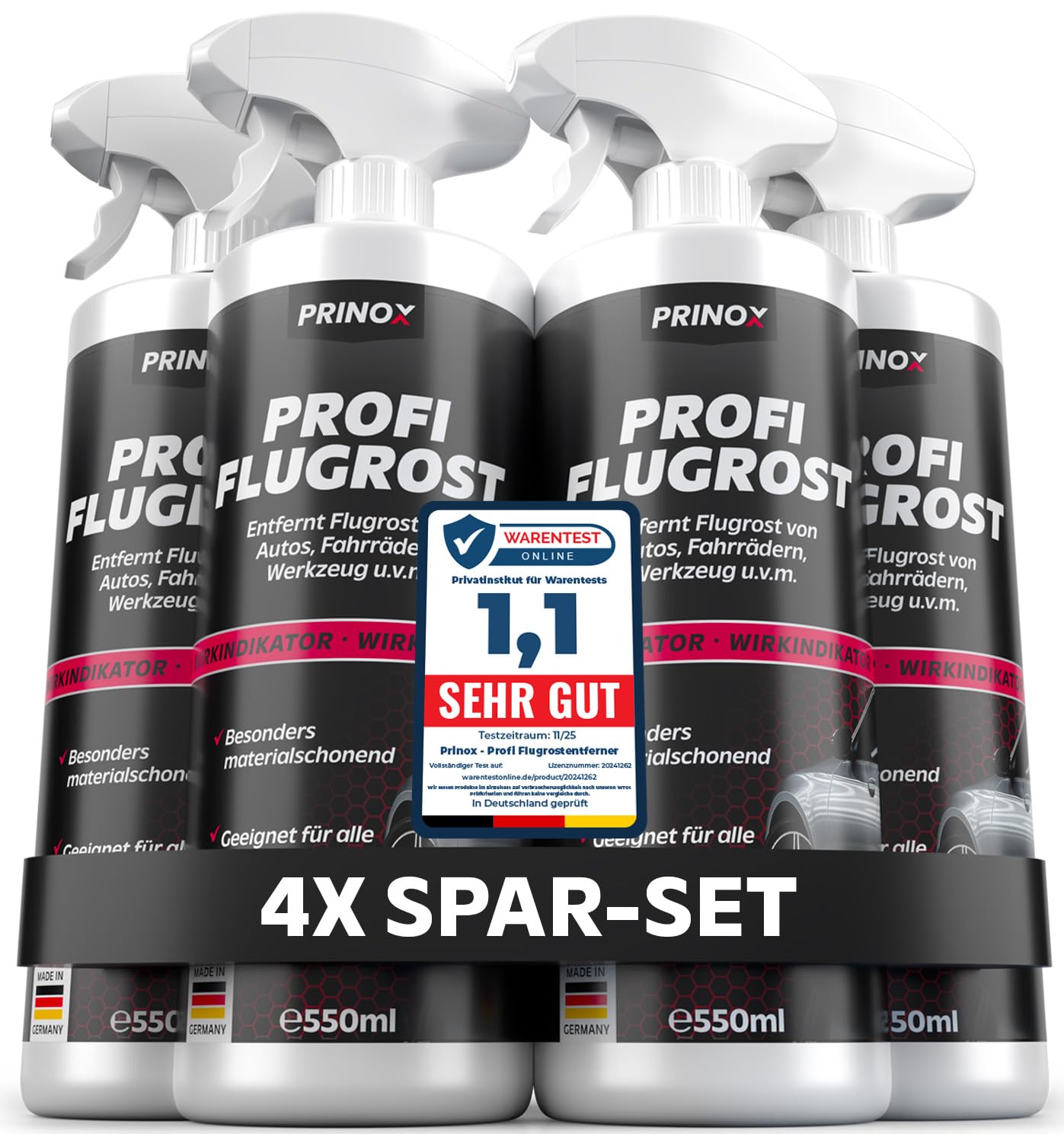 Prinox Profi Flugrostentferner Spray 4 x 550ml - Entfernt hartnäckigen Flugrost & Industriestaub - Lackreiniger für Autolack & Felgen mit hoher Reinigungsleistung zum Entfernen von Flugrost