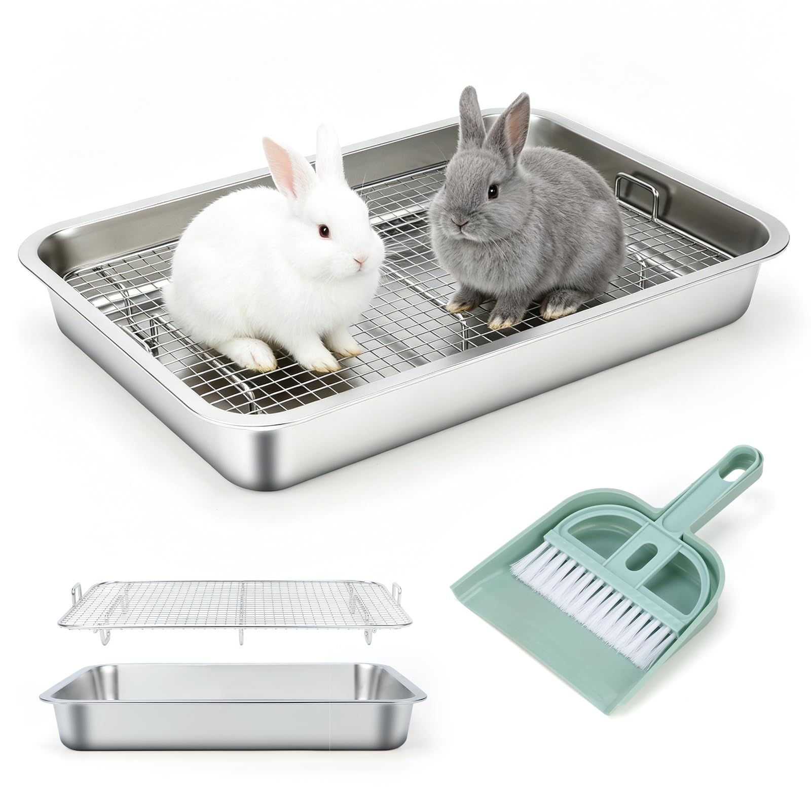 FHTONGE Stainless Steel Guinea Pig Litter Box for Cage, Stainless Steel Litter Pan for Rabbit Rat Hedgehog Hamster Ferret, M Rectangular Chinchilla Metal Tray Small Animal Toilet Trainer with Grid — image 1