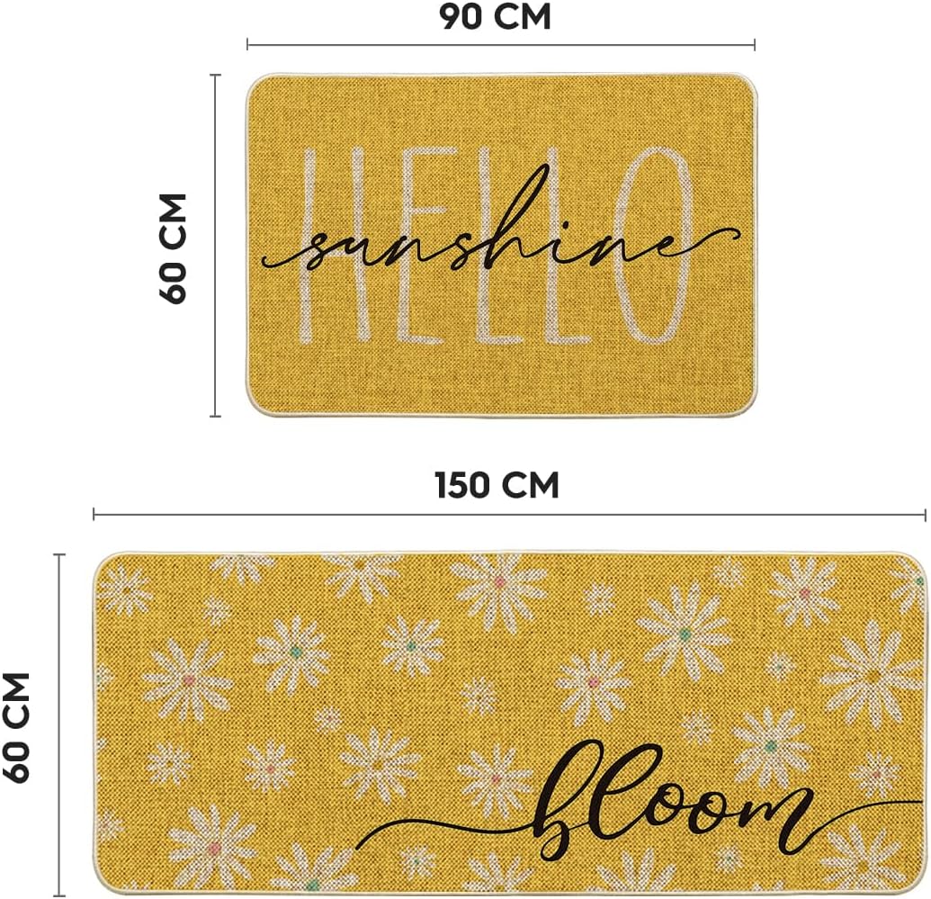 Artoid Mode Yellow Daisy Hello Sunshine Bloom Spring Kitchen Mats Set of 2, Home Decor Low-Profile Kitchen Rugs for Floor - 24x35 and 24x59 Inch