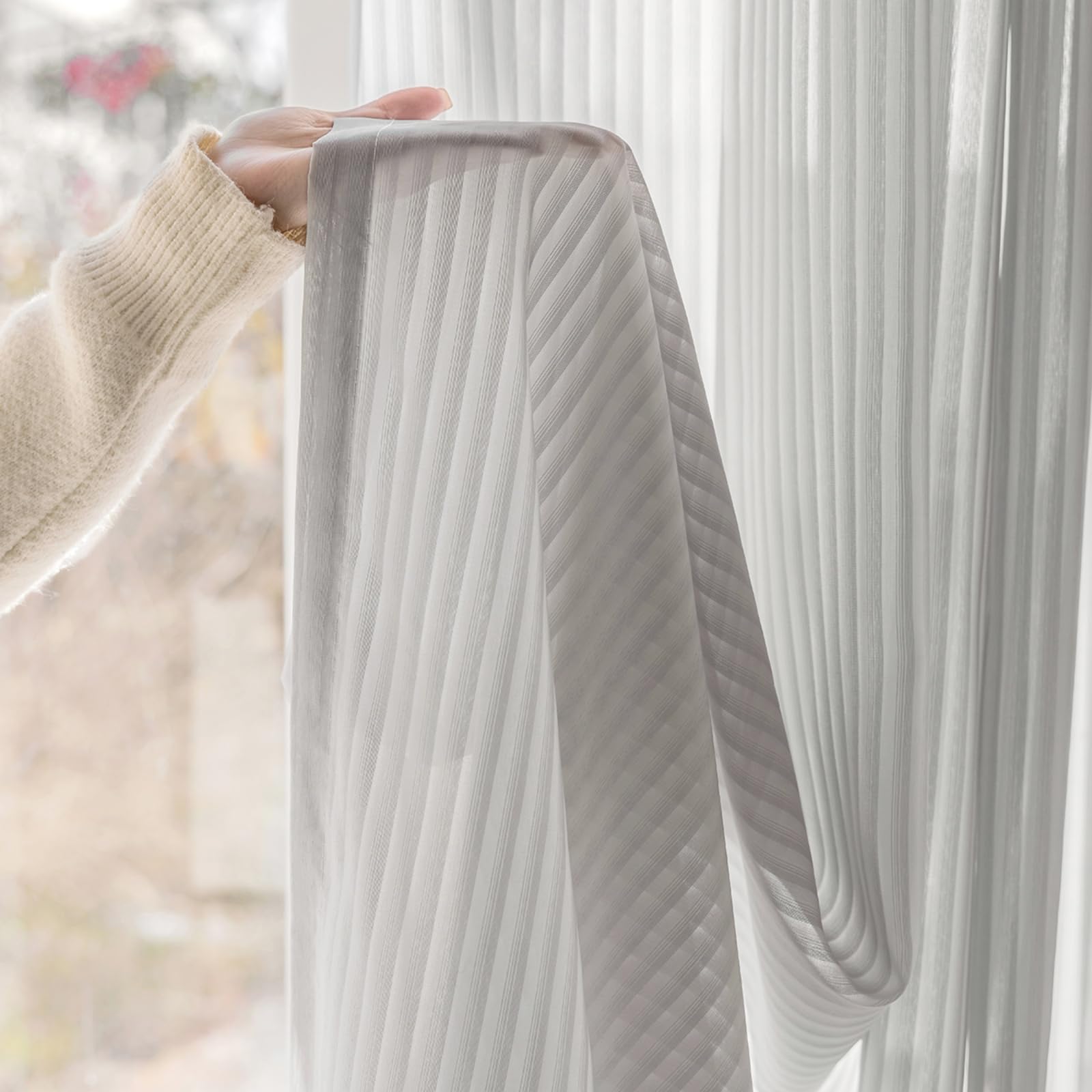 Gazal Vole Grey Semi Sheer Curtains for Living Room, Vertical Pinstripe Light Filtering Voile Panels 2 Panels, 80 inch Drop, Soft Airy Rod Pocket Sheer Window Drapes for Office Daytime Privacy