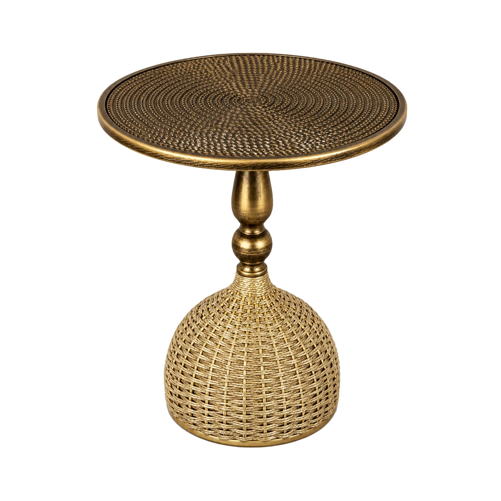 GoDyna Handcrafted Wicker Iron Side Table, 40x40x52cm Water Grass Rope Braided End Table, Artistic Round Coffee Table & Flower Rack for Living Room, Sofa, Balcony, Patio, Garden, Bedroom, Inn, Café