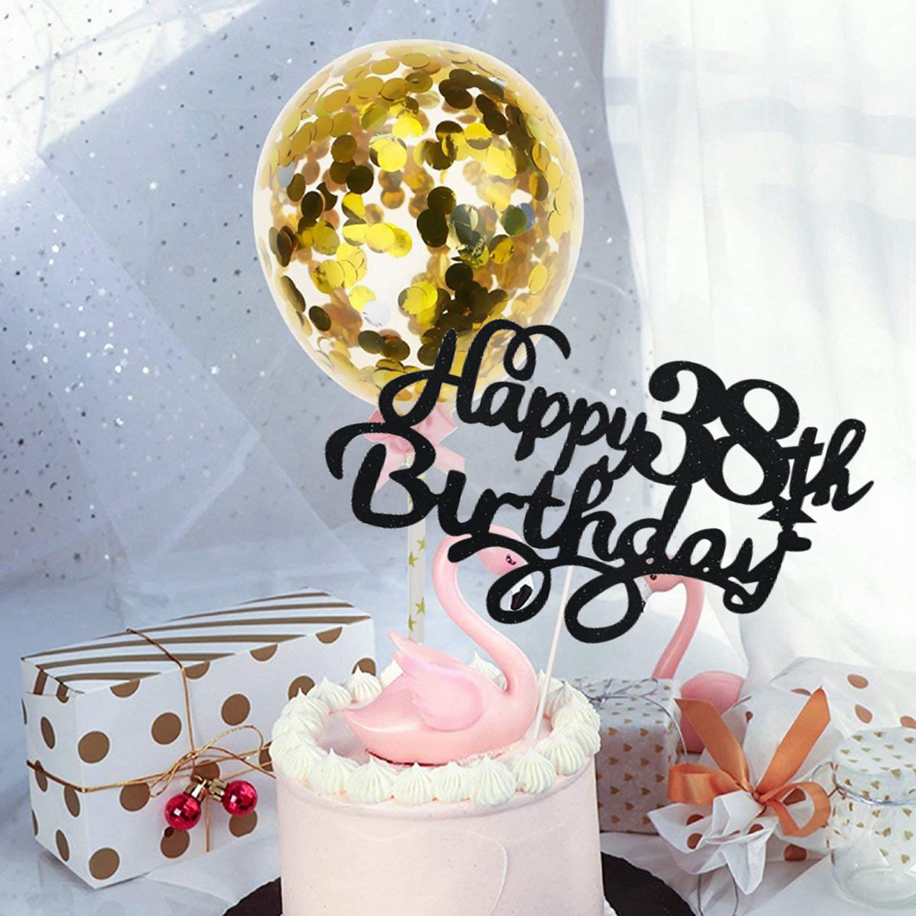 Decorazione Torta 38° Compleanno - Cake Topper Nero Oro Con Palloncini E Coriandoli - Foto 14