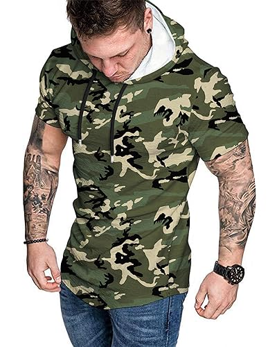 Men's Camo Print Short Sleeve Hoodie - Curved Hem Casual