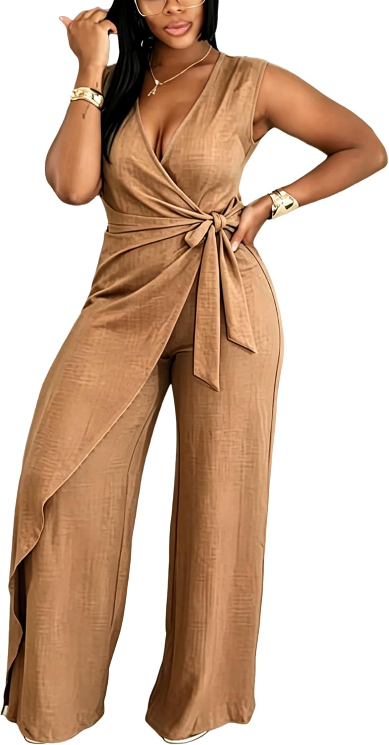 Jumpsuits for Women Casual V-Neck Sleeveless Tie Waist Wide Leg Pants Rompers One Piece Jumpsuits Sexy Club Outfits