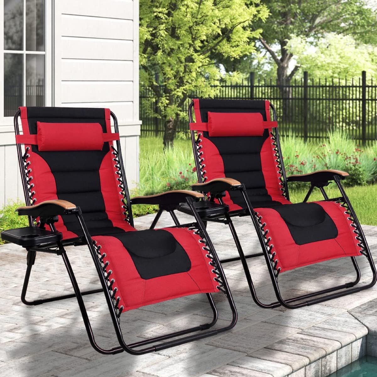 Oversized Zero-Gravity Chair Set 2 Steel Outdoor Reclining Red Canopy Luxury Patio Porch Person Bench Lawn Garden Furniture Hanging Lounge Desk Couple Family Home Capacity 300 Pound Each