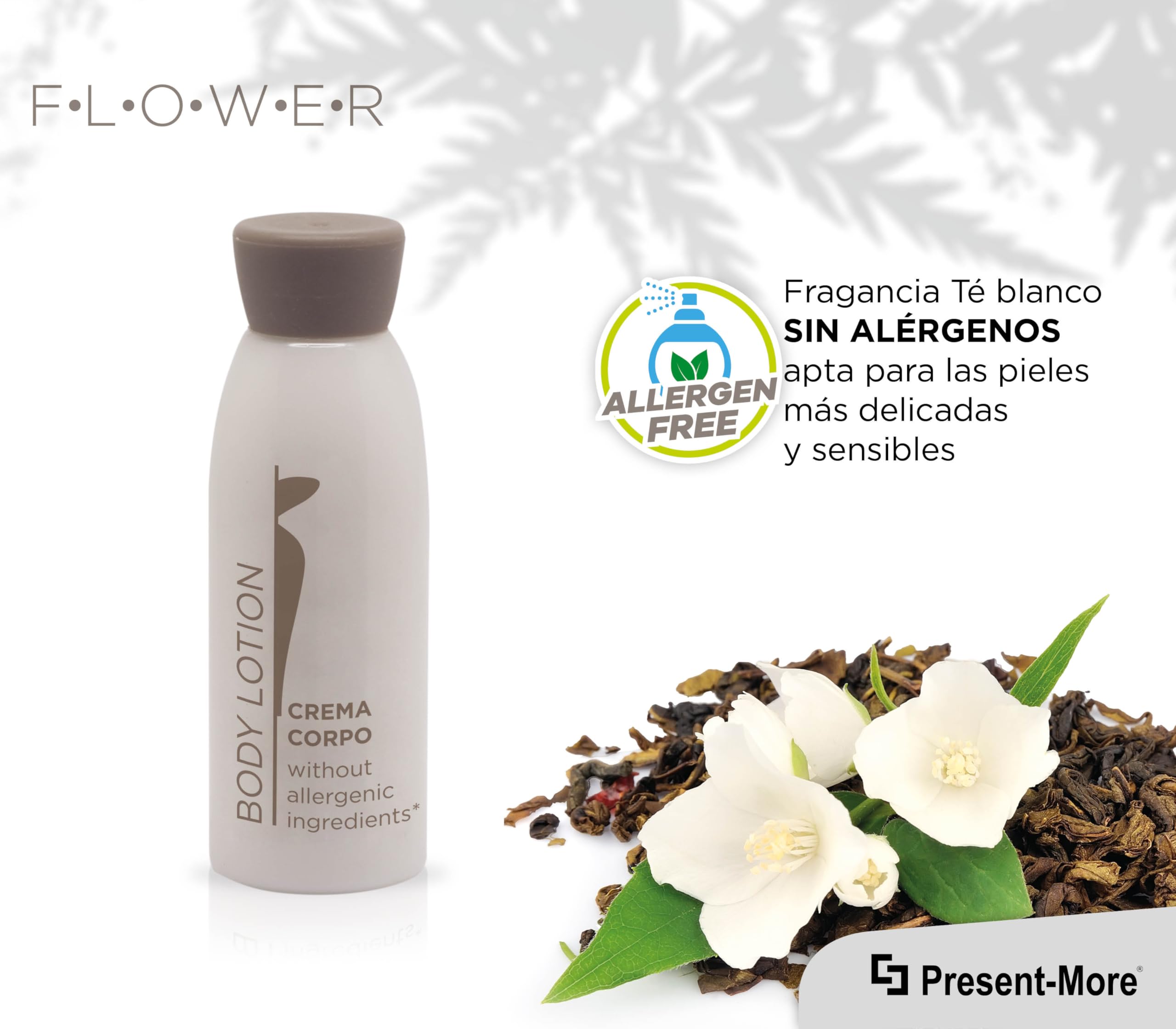 Present-More Crema corporal 30ml Flower - Crema cuerpo 250 unidades para Hoteles y B&B | Crema cuerpo sin alérgenos con aroma a Tè