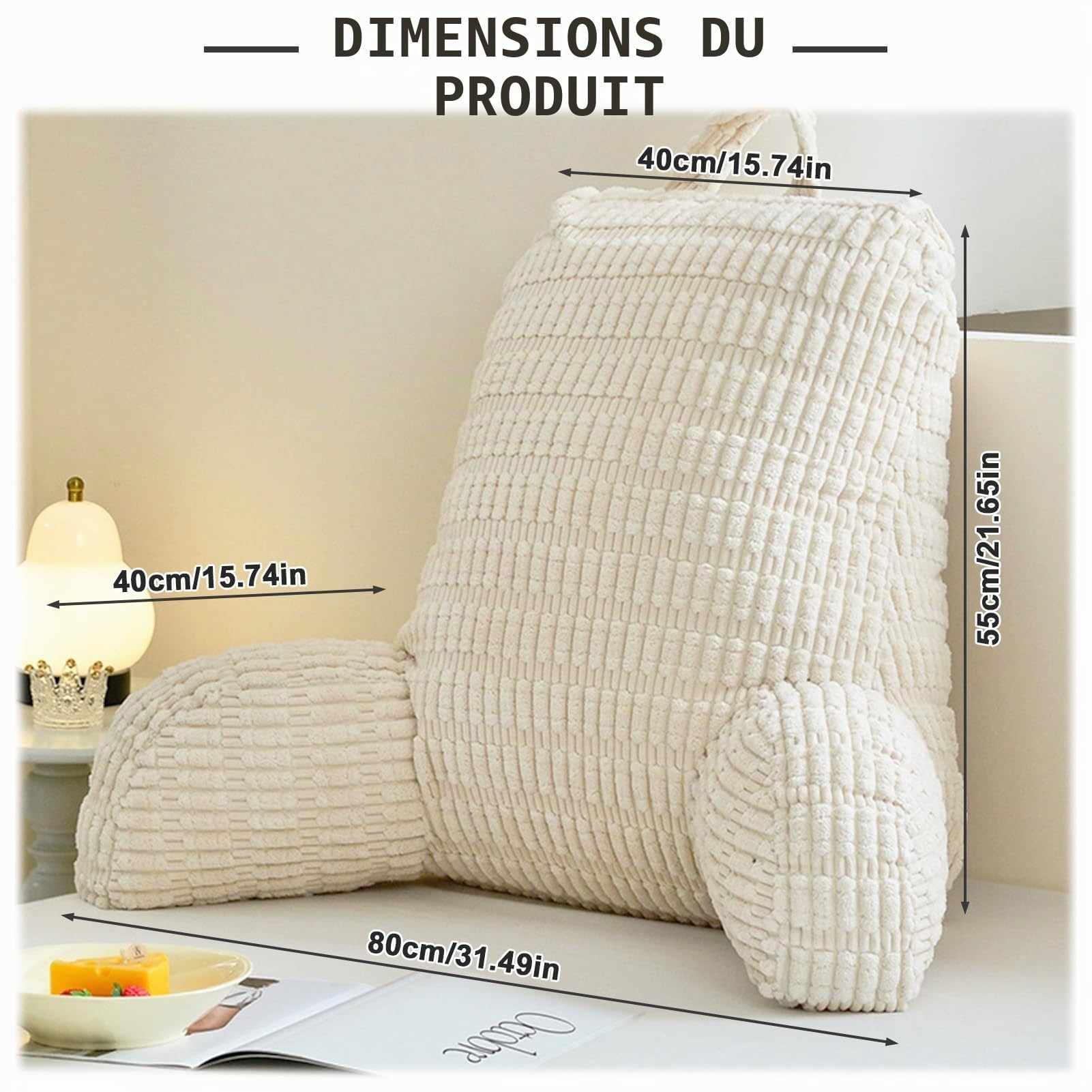 Coussin de Lecture pour Lit et Canapé, Canapé Adulte avec Coussin de Dossier, Coussin d'Assise avec Accoudoir, Dossier, Convient pour Regarder la Télévision, Lire, Jouer au Téléphone(Blanc)