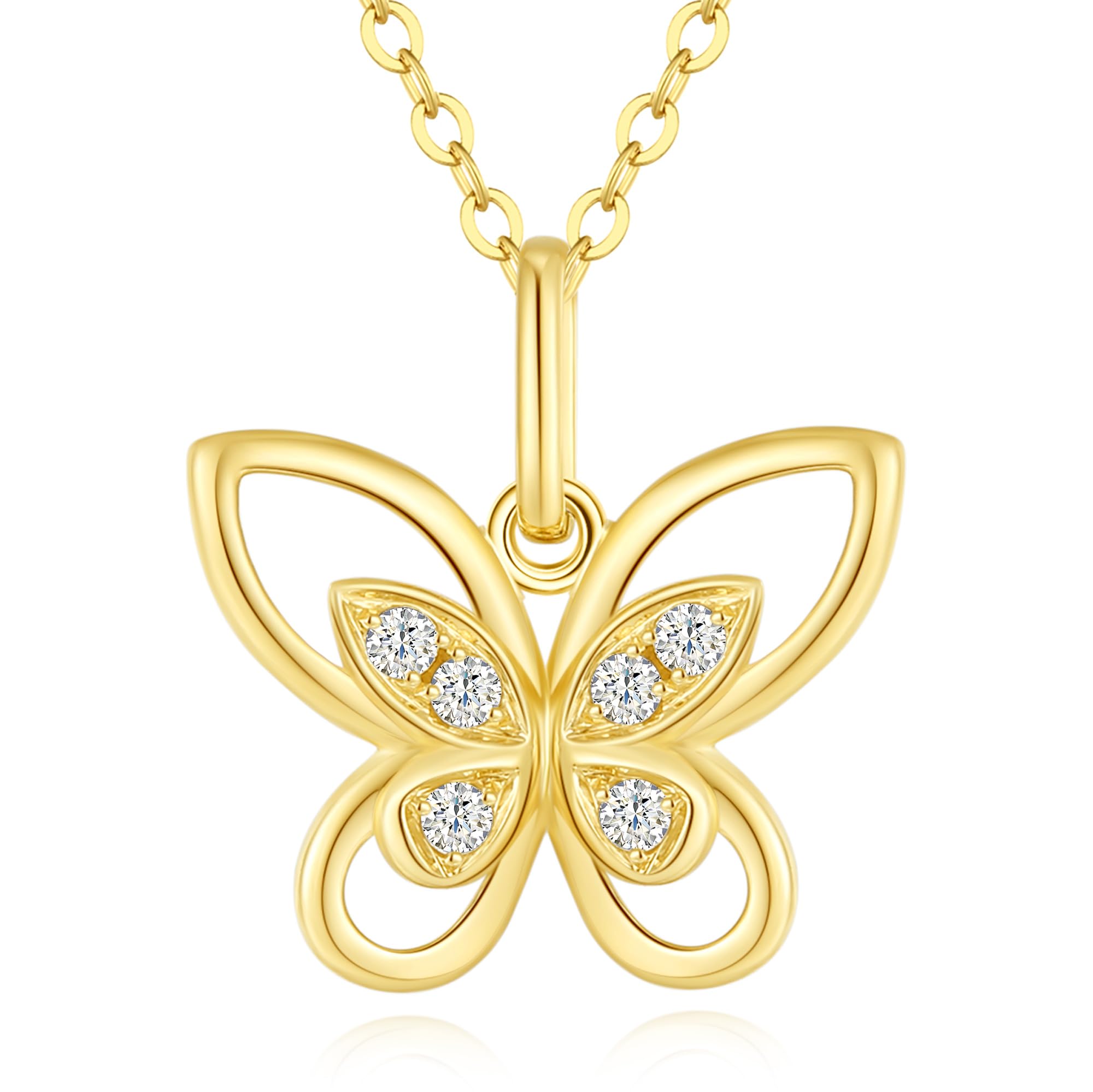 FANCIME Solide 14 Karat 585 Gelb Gold Damen Kette mit Schmetterlings Anhänger Halskette Valentinstag Geschenkschmuck für Damen Mädchen, Echter Diamant 0.07 ct, Verstellbar Kettenlänge: 40 + 5 cm