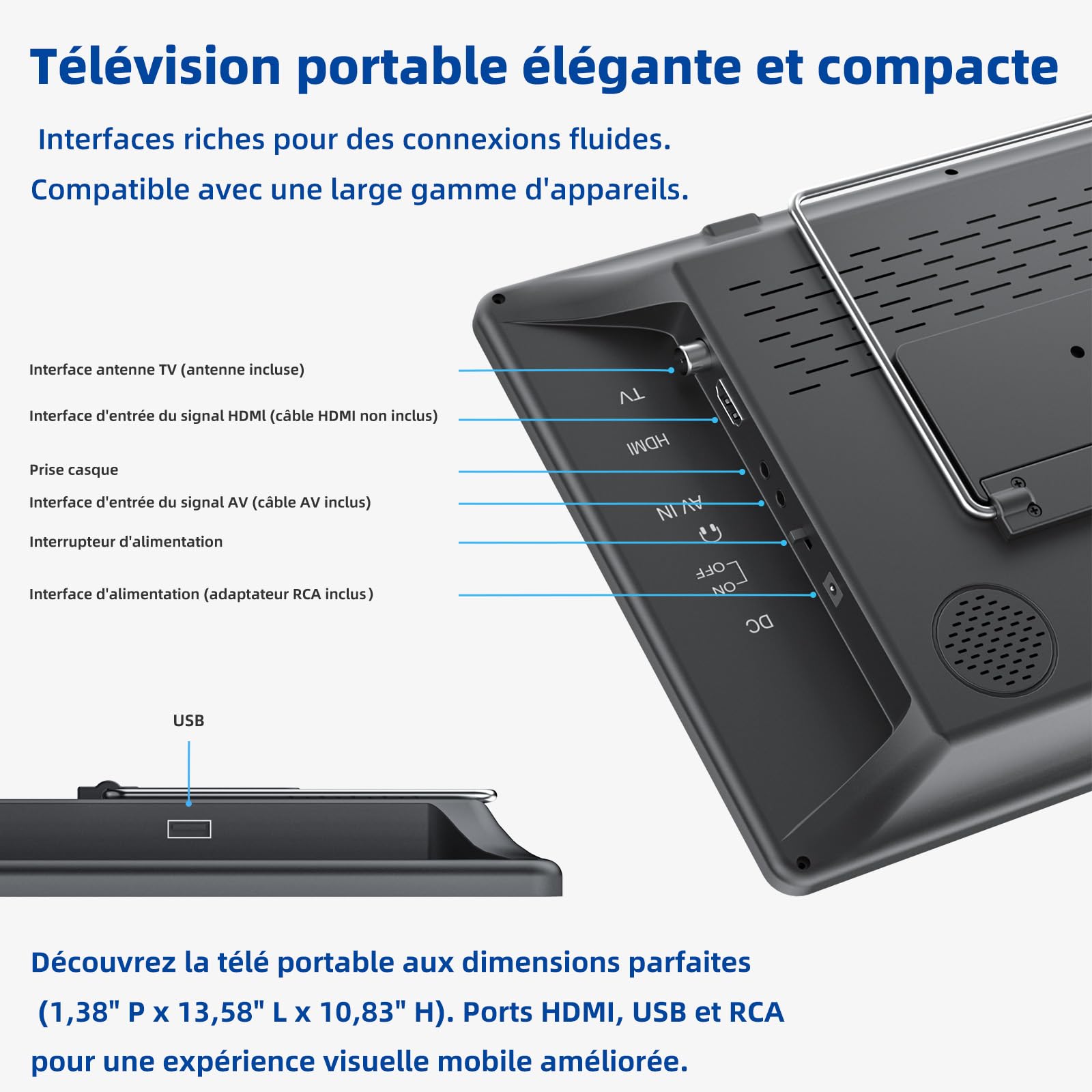 Desobry Téléviseur Portable 14.3 Pouces avec antenne, Petit téléviseur Portable avec Tuner DVB-T2, Mini téléviseur LCD Qui Peut être rechargé avec des Piles