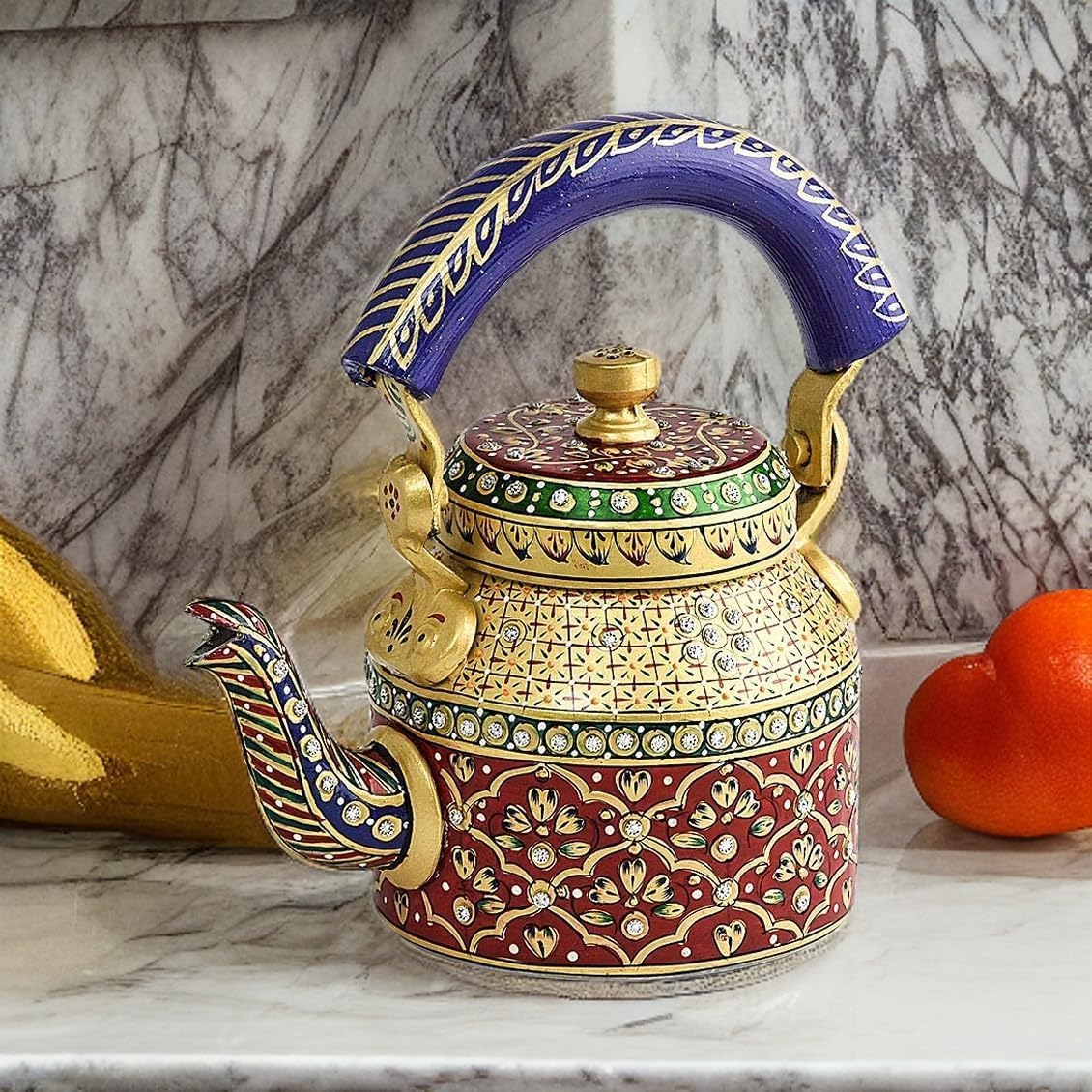 Nawazish Fashions Handpainted Rajasthani Traditional Aluminium Decorative Tea Kettle - Colorful, Unique Design (8.5 x 8.25 x 5.5 Inches)-image-42