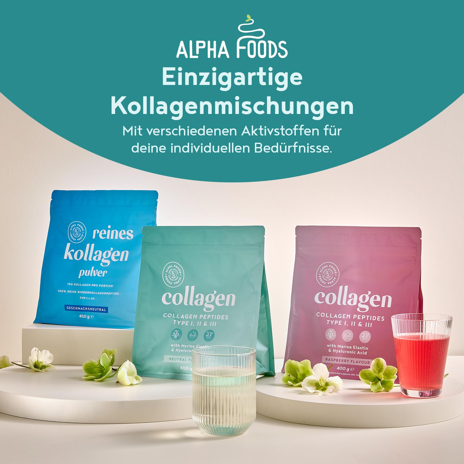 Collagen Pulver [2x 400g] | Premium Kollagen Hydrolysat | Peptide Typ 1 & 3 | Hochdosiert Kollagenpulver mit Hyaluronsäure und Elastin | Geschmacksneutral | in Deutschland hergestellt | Alpha Foods