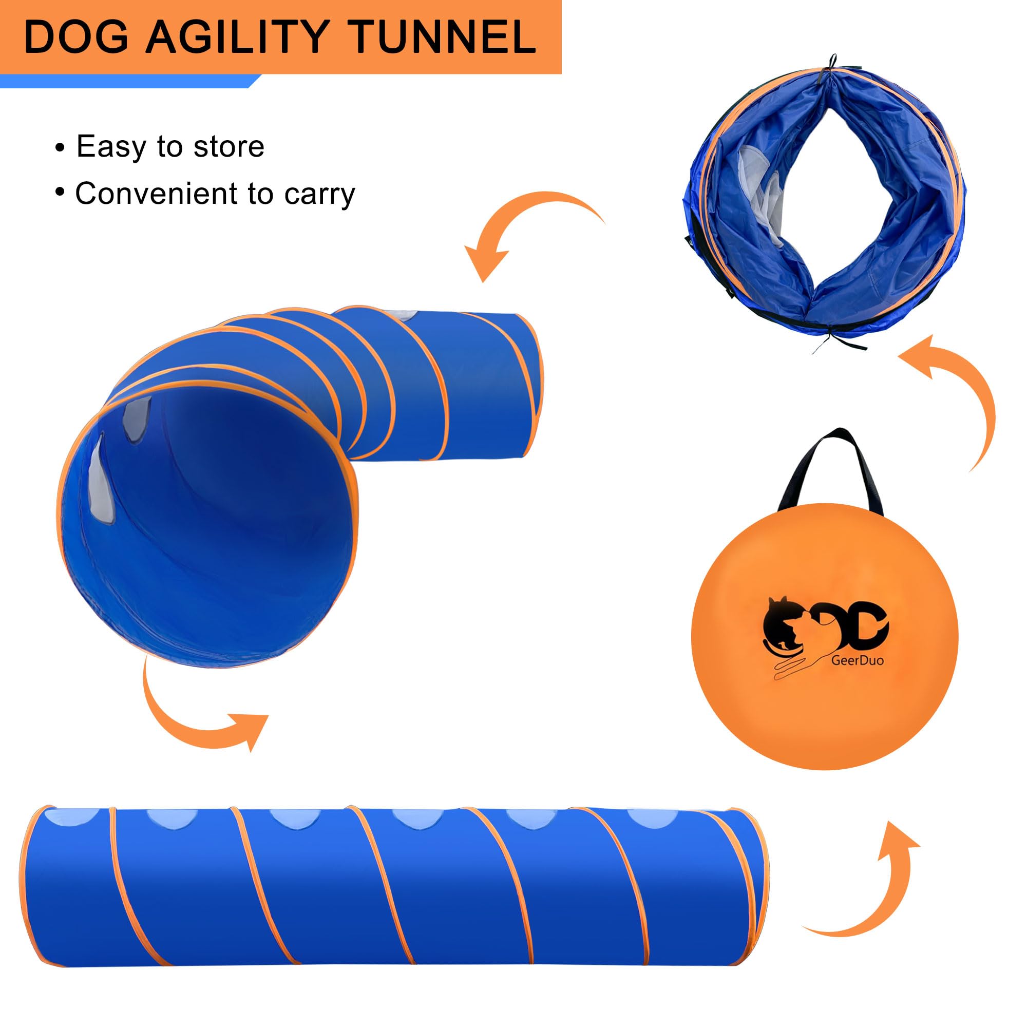 Agility-Tunnel für Hunde, 3 m, reißfester Oxford-Tuch, Trainingstunnel für alle Rassen, Innen- und Außenbereich, mit 4 Heringen und Tragetasche (Blau + Orange)