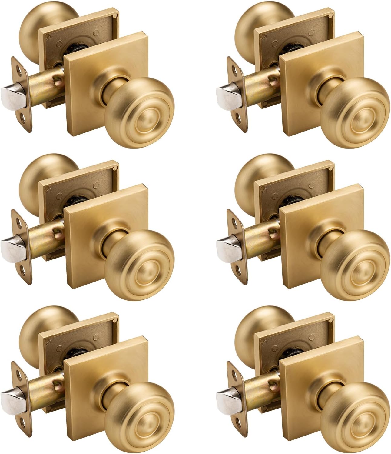 6 Pack Gold Door Knobs Interior with Turn Lock, Door Knob with Lock for Bath & Bedroom,Privacy Doorknobs with Square Rosette