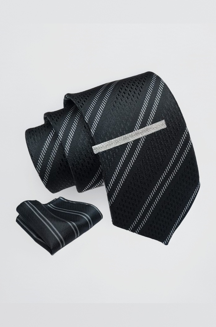 Tie for Men – Checkered Silk Neck Ties Set with Cufflinks Flower Pin, Pocket Square & Black Gift Box, Combo Necktie Sets for Office Wear, Formal Suits & Weddings (Black, AXNW15)