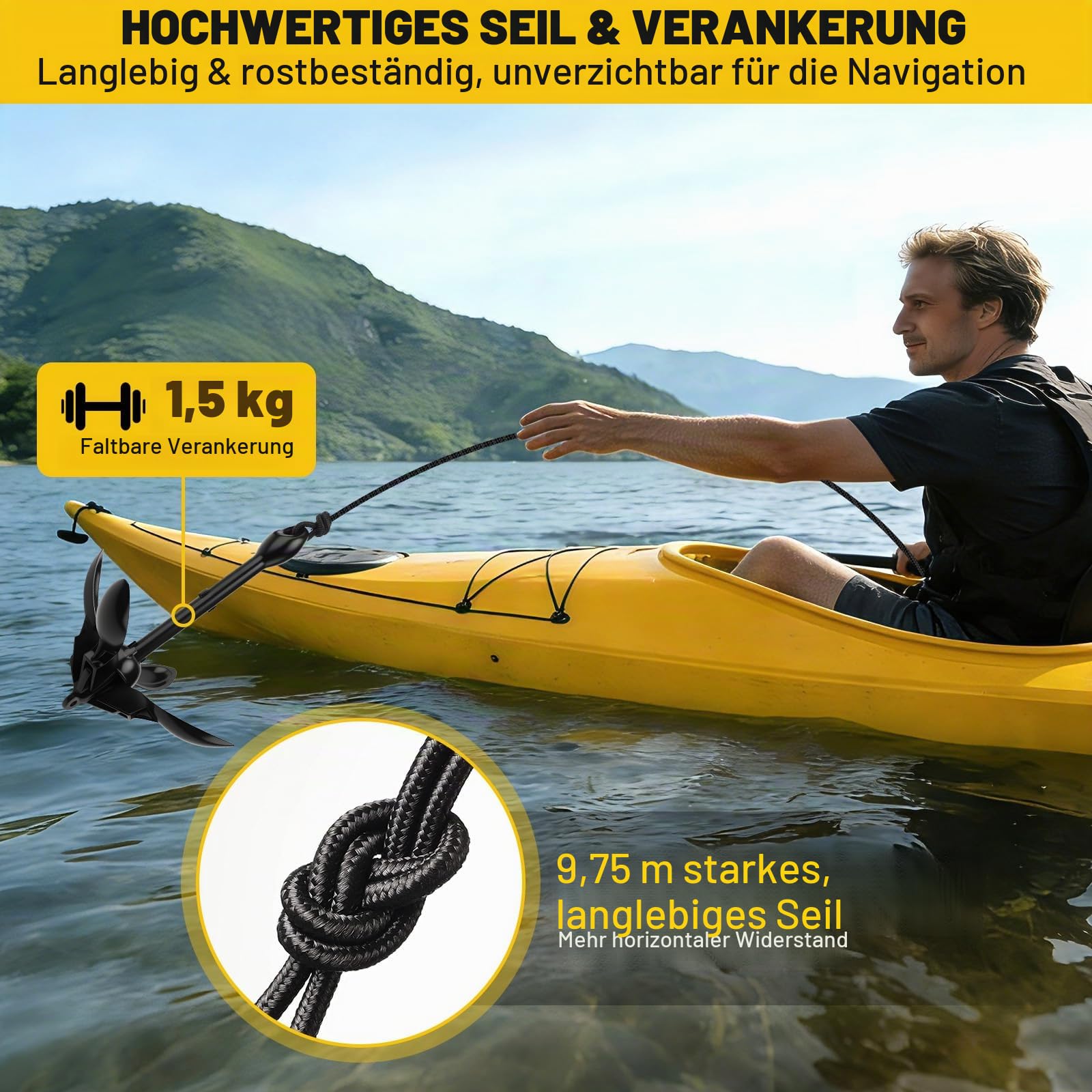 Anker Boot, 1,59KG Bootsanker Kajak Zubehör Klappanker Wurfanker mit 10M Ankerleine, Bojenkugel und Aufbewahrungstasche, Anker Bootsanker für SUP, Schlauchboot, Paddelboot, Schwarz