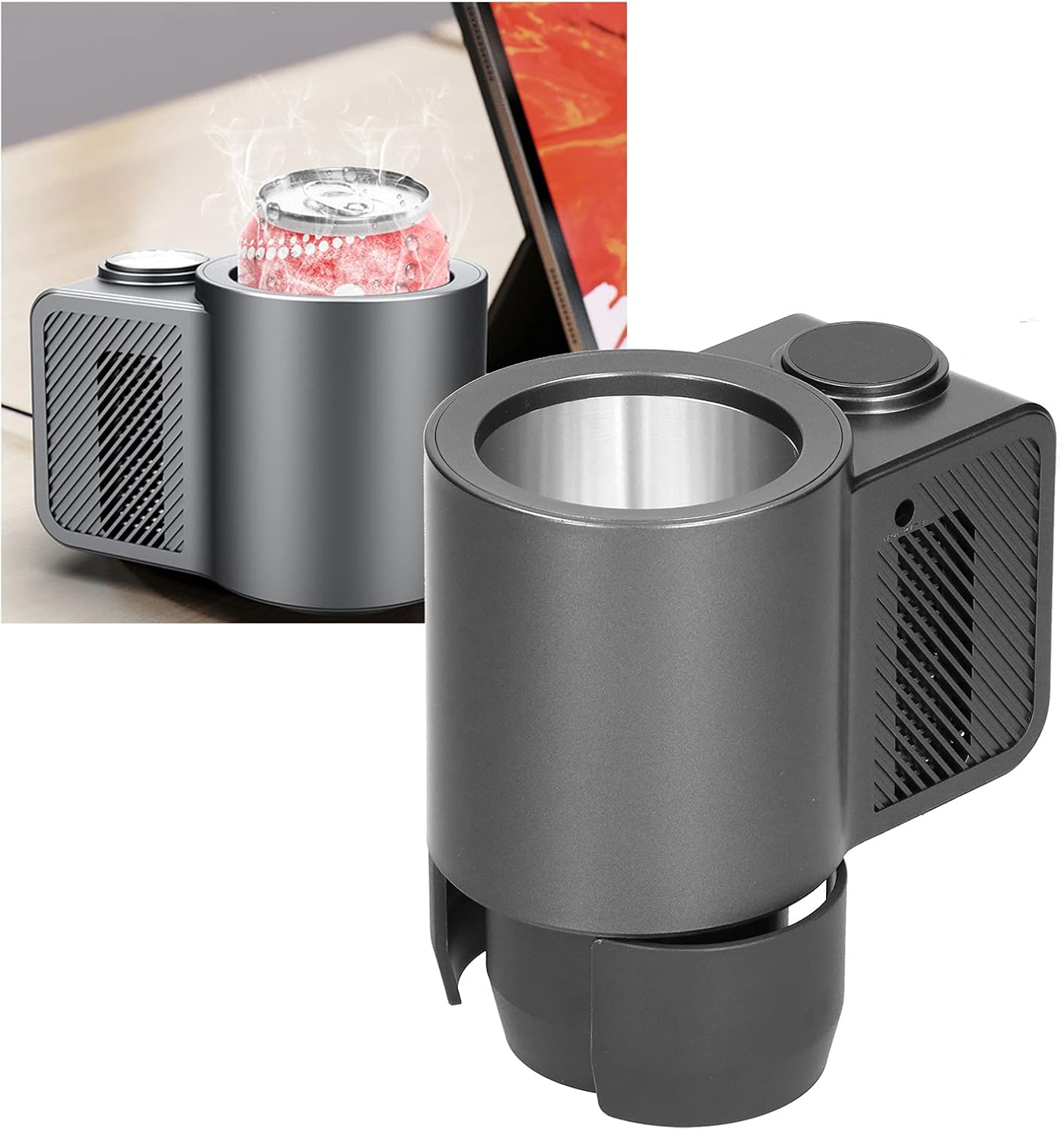 12V Quick Cooling Cup Holder Portable Auto Refrigerator & Warmer for Car Drinks, 0°C Chiller with Cigarette Lighter Plug for Soda Cans, Coffee, Outdoor Travel