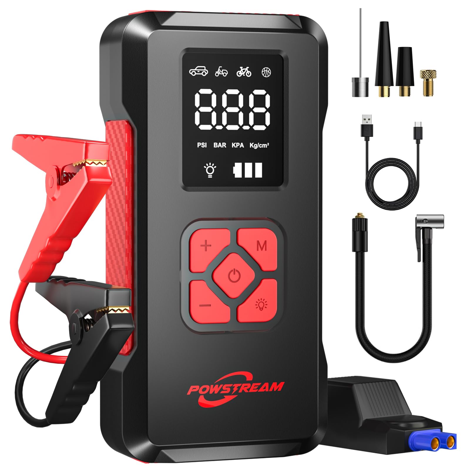 Portable Car Jump Starter with Air Compressor 3500A Battery Jumper Starter Portable with 150PSI Tire Inflator 12V Portable Car Battery Booster with LCD Display Flashlight(All Gas/8L Diesel)