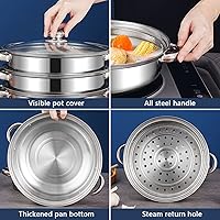 Vista 1 de Steamer Pot for Cooking 11 inch, Steamer Pots 3-tier Multipurpose Stainless Steel Steam Pot Cookware with Handle for Vegetable