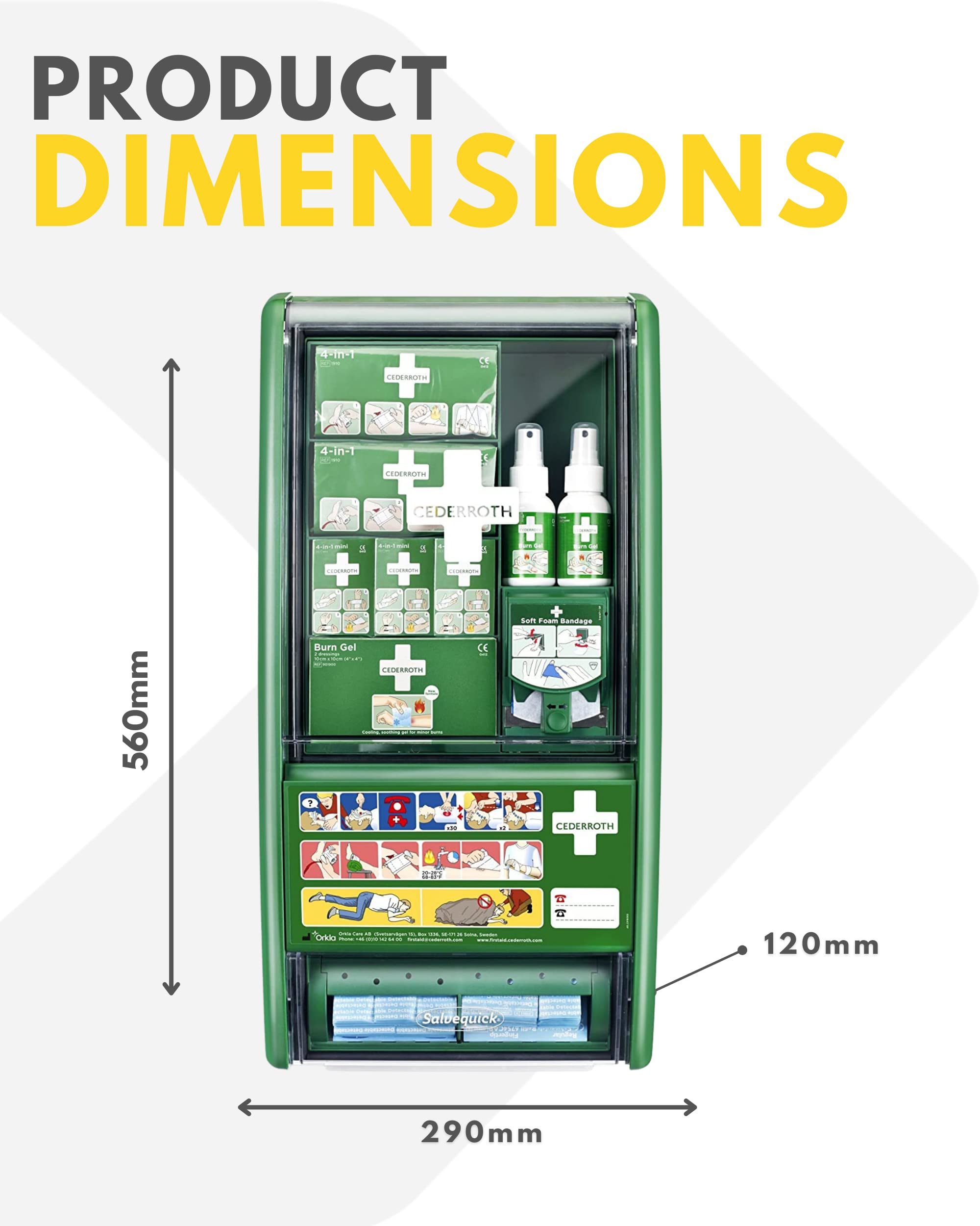 Cederroth Erste Hilfe & Burn Station – Ideal für Hotels, Küchen, Restaurants – sterile Pflaster, Blutstopper Dressings, Brenngel Spray, Schaum-Rollverband, Wundreinigungsmittel