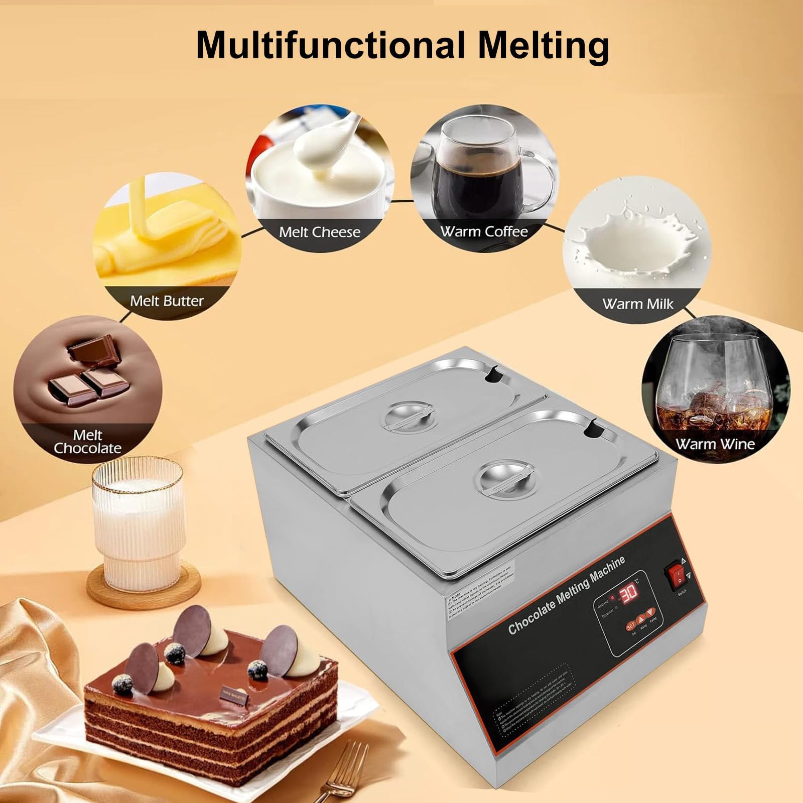 2-Tank Chocolate Tempering Machine With Lid – 800W Electric Melting Pot For Chocolate, Milk, Cheese & Candy
