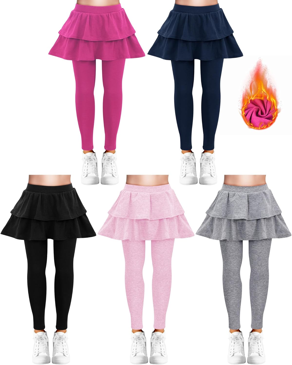 Taiyin 5 Pack Girls Leggings with Skirt Kid School Uniform Skirt Pants Ruffle Tutu Leggings for Winter Warm Clothes 4-12 Year