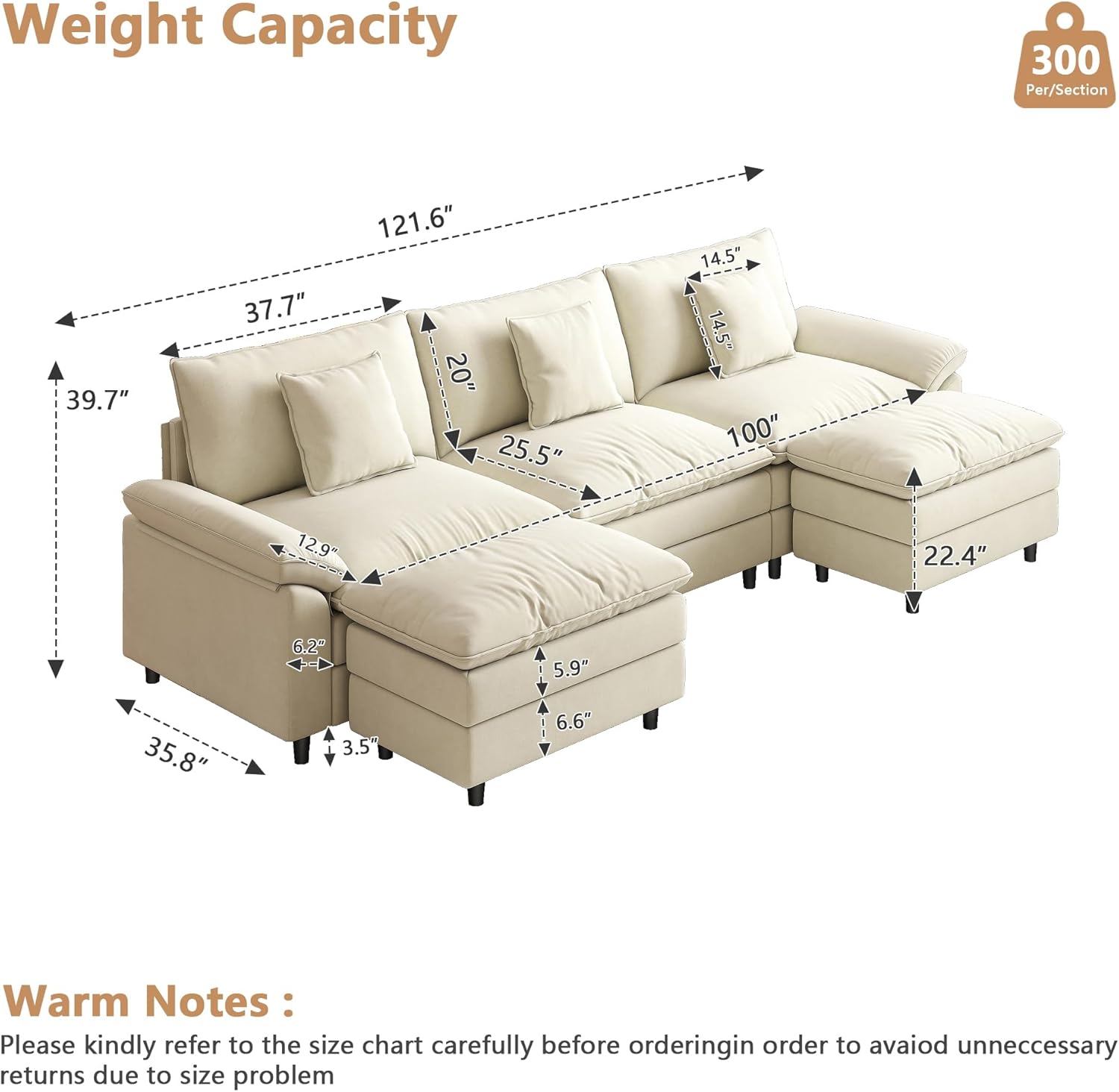 Detailed diagram of the Aoowow Modular Sectional Sofa with all dimensions labeled.