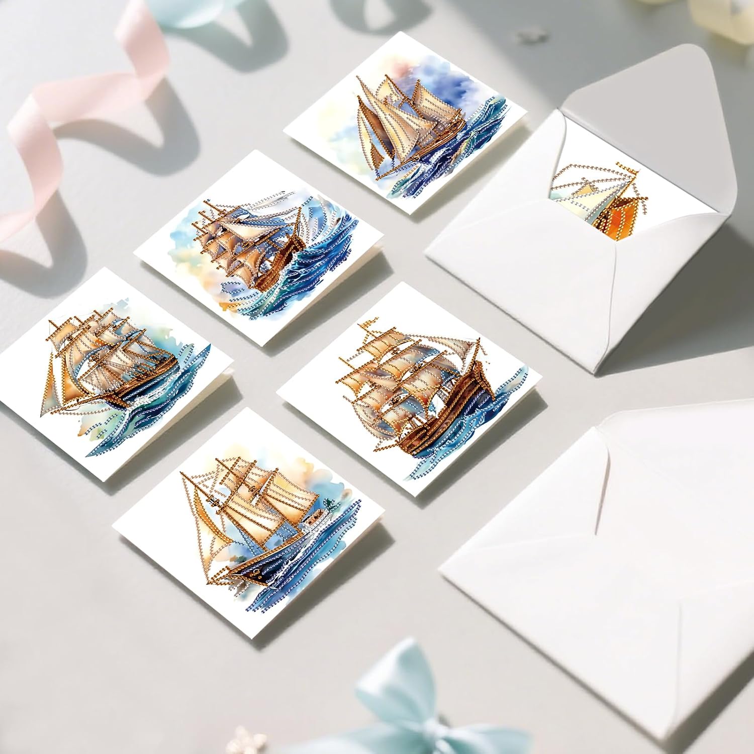 12pcs DIY Diamond Art Greeting Cards Kit with Envelopes & Tools - Create Your Own Sparkling Birthday, Thank You, Holiday Cards for Adults & Beginners(Sea Sailing Boat)