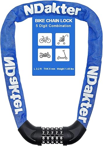Miniatura 50 de NDakter Cerradura de cadena para bicicleta, combinación de 5 dígitos, resistente, antirrobo, cerradura de bicicleta de seguridad de Azul,Negro
