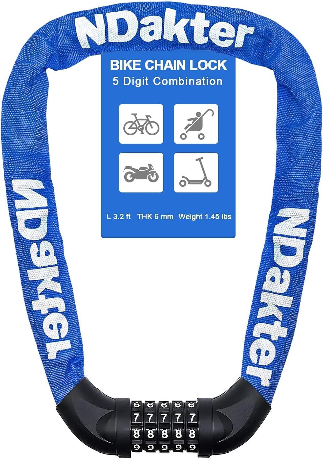 NDakter Bike Lock, 5 Digit Combination Heavy Duty Anti Theft Bicycle Chain Lock, 2.62/3.2/4.27/5/6Ft Long, High Security Resettable, Suitable for Bike, Scooter, Door, Gate, Fence-4/6mm Thick