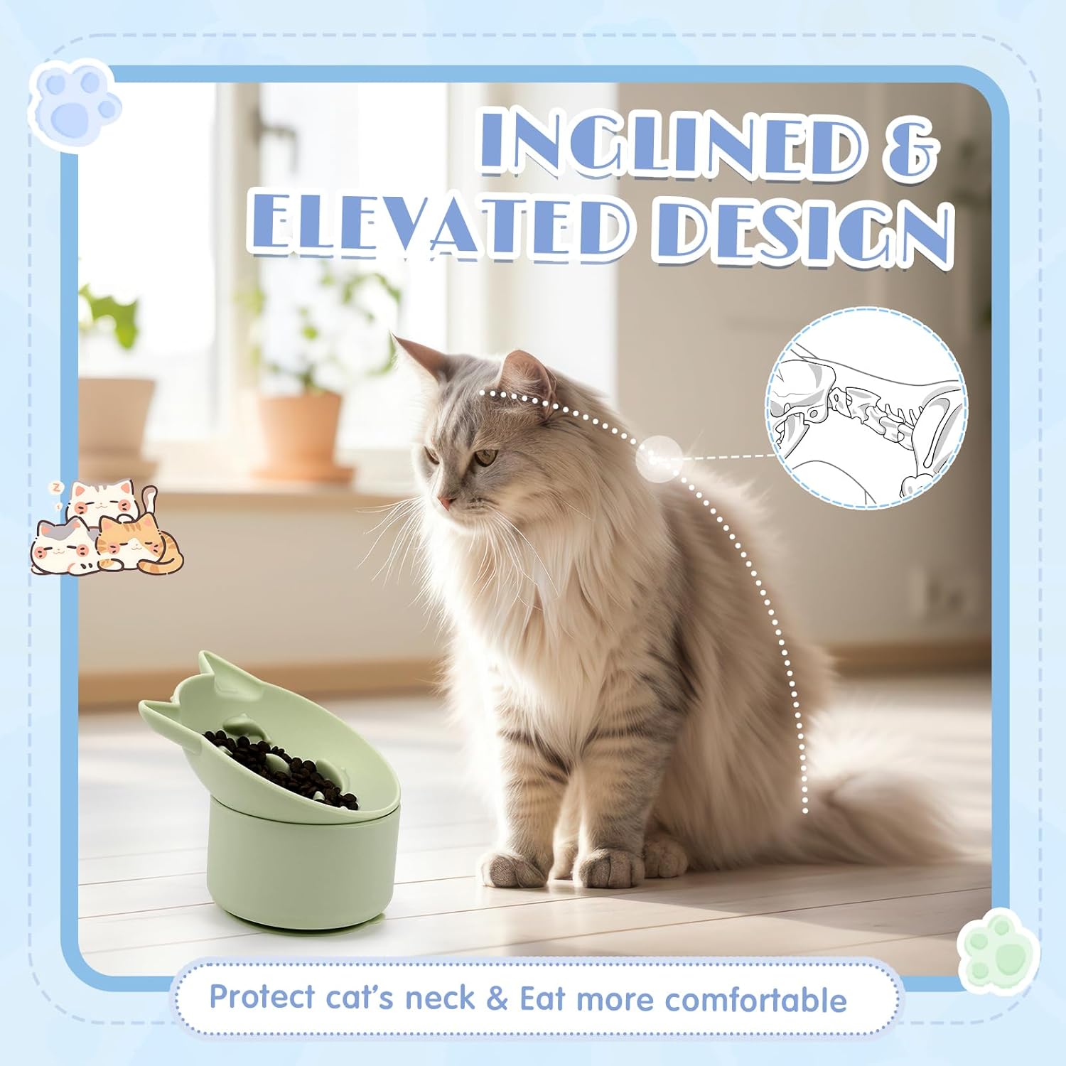 Funnymoom 2 Pack Silicone Cat Slow Feeder, Elevated Slow Feeder Cat Bowl for Dry and Wet Food, Tilted Design with Non Slip Base, Adjustable Angle for Pet(Green and Blue)