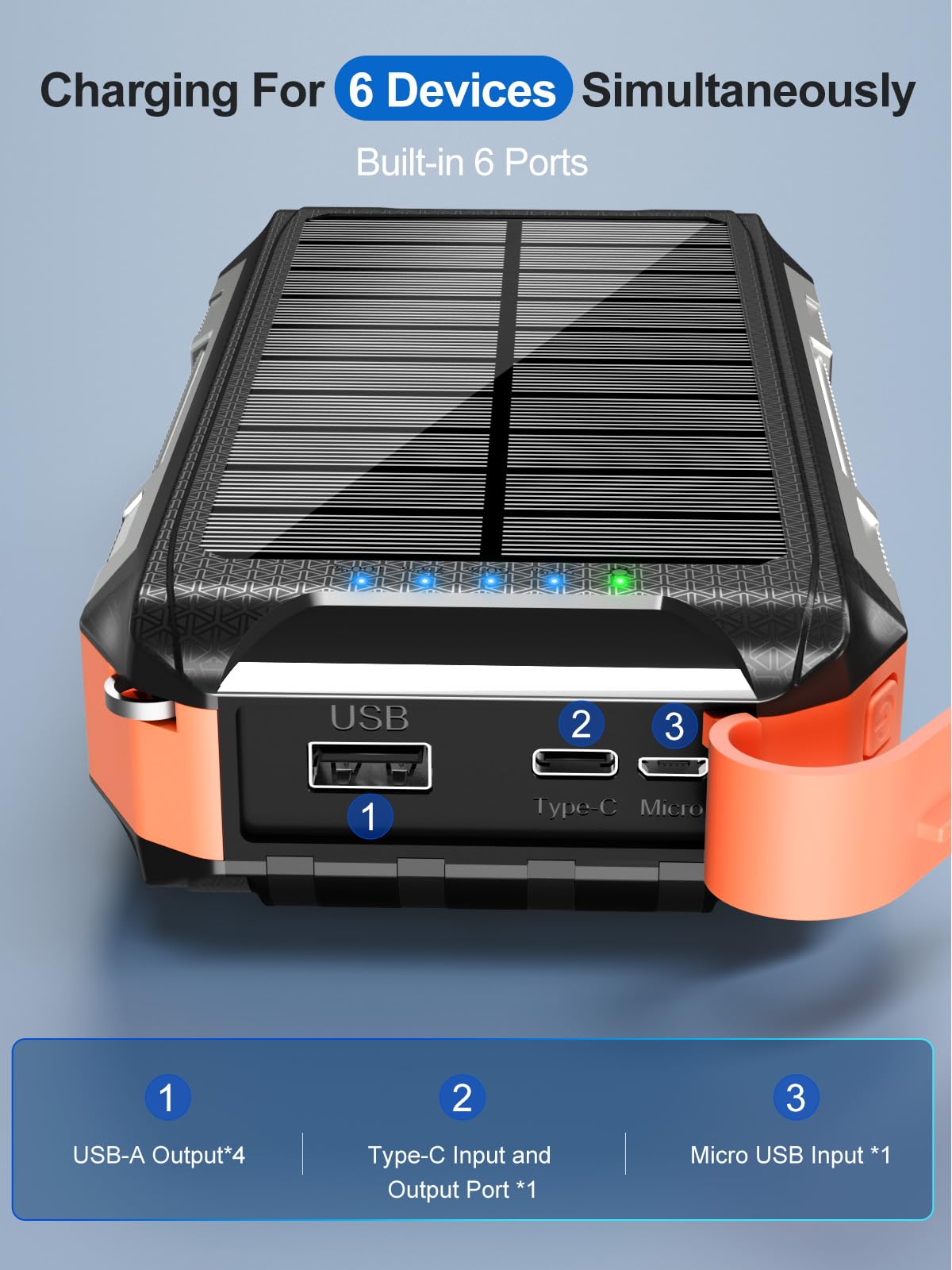 Power Bank Solare 26800mAh, Solare Powerbank Ricarica Rapida 30W | Caricatore Portatile Wireless con 4 Cavi Integrati,3 Porte 7 Uscite, LED Torcia,Batteria Portatile per Campeggio e Outdoor