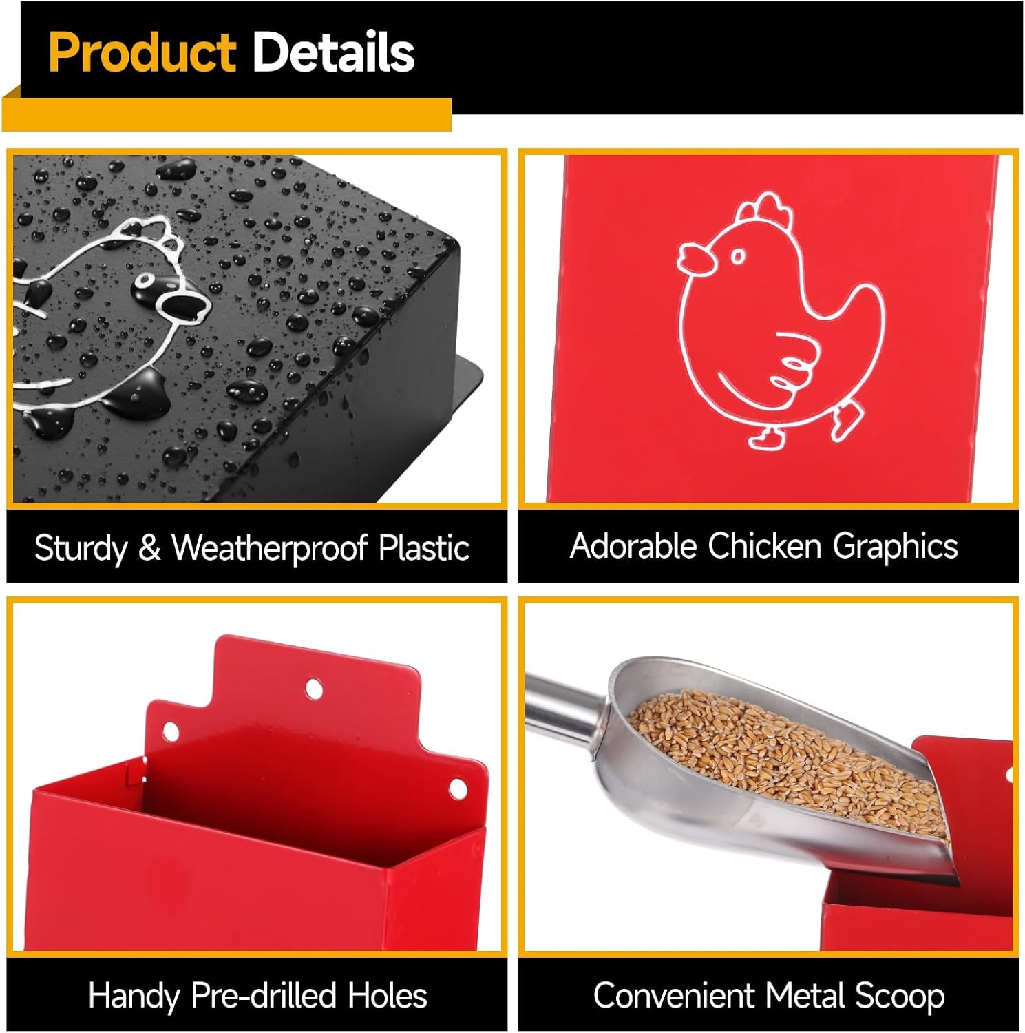 4 Pcs Chicken Grit Feeders, Metal Oyster Shell Feeders, Automatic Gravity Feeding Dispensers, Hanging Chicken Feeders, Poultry Coop Accessories, 2 Scoops Included